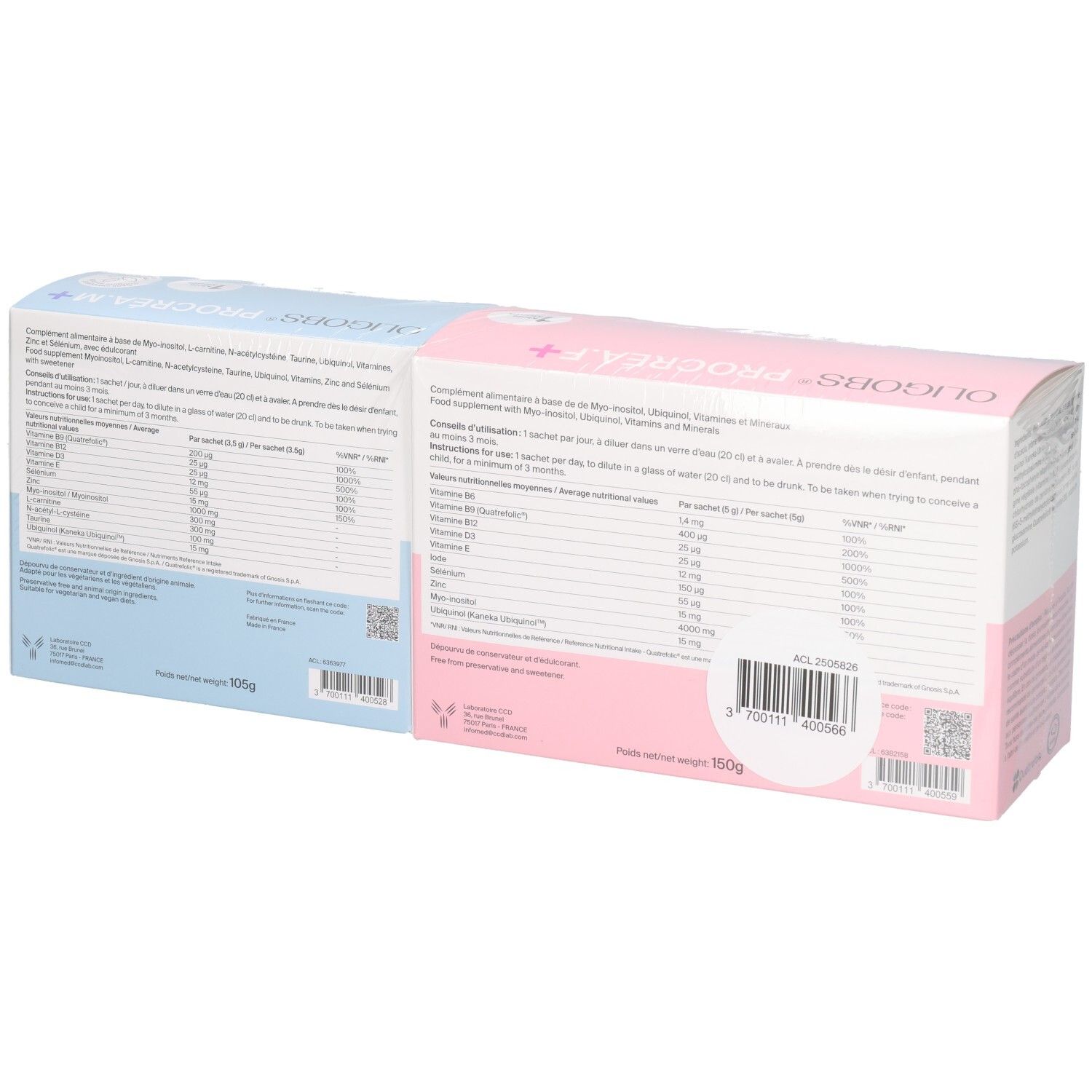 Vue latérale des boîtes OLIGOBS PROCREA.F+ et PROCREA.M+ avec informations nutritionnelles et codes-barres.