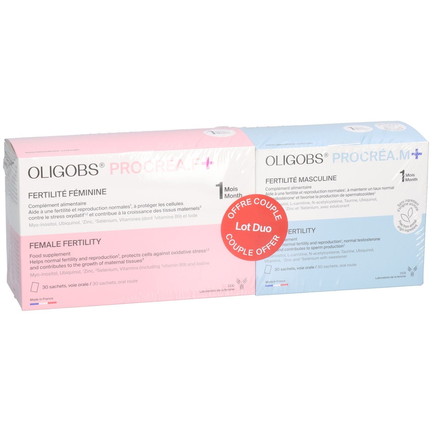 Vue avant des boîtes OLIGOBS PROCREA.F+ et PROCREA.M+ pour couples, offre "Lot Duo".