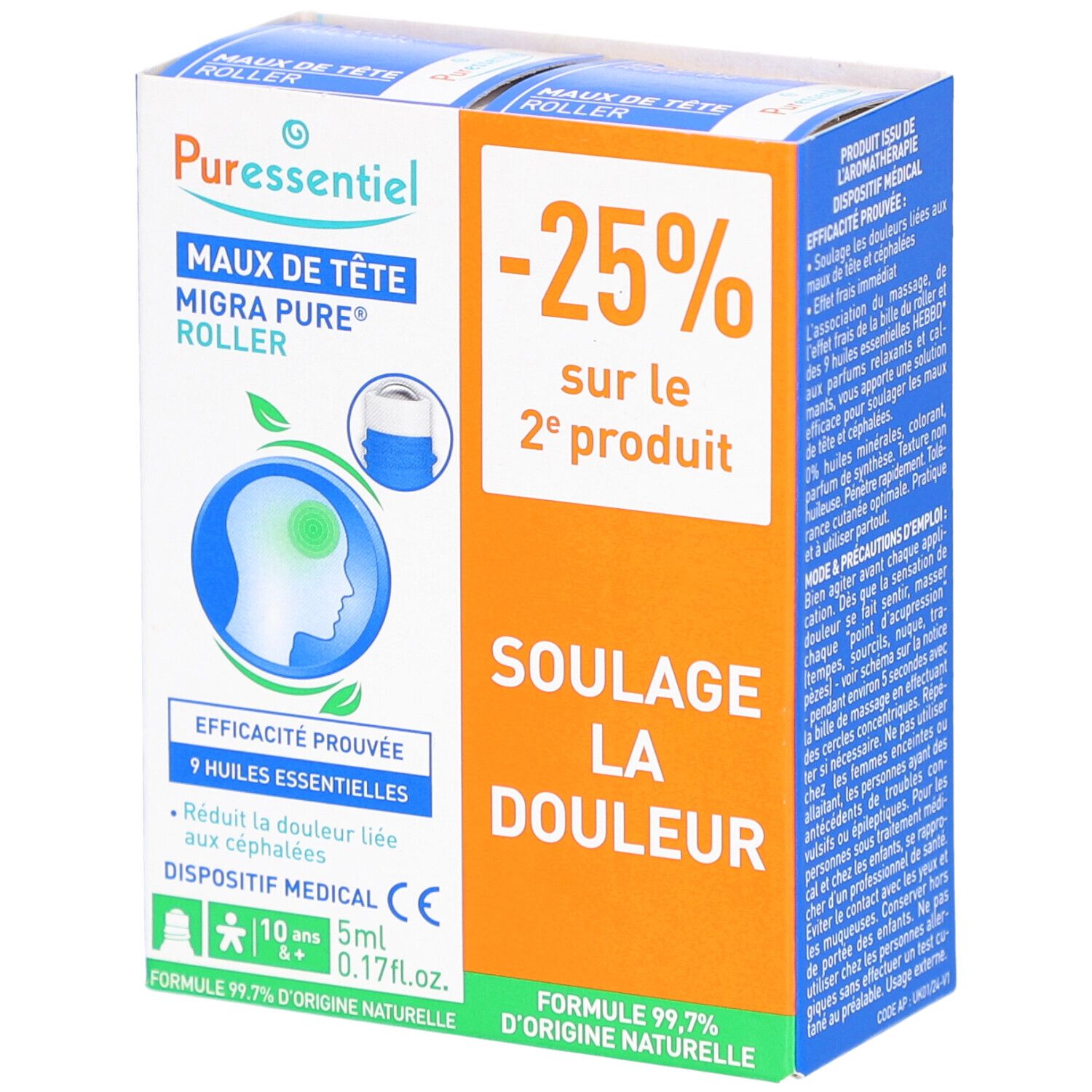 Boîte PURESSENTIEL. Inscription: MAUX DE TÊTE MIGRA PURE ROLLER. Dispositif médical. Contient 5ml. 9 huiles essentielles.