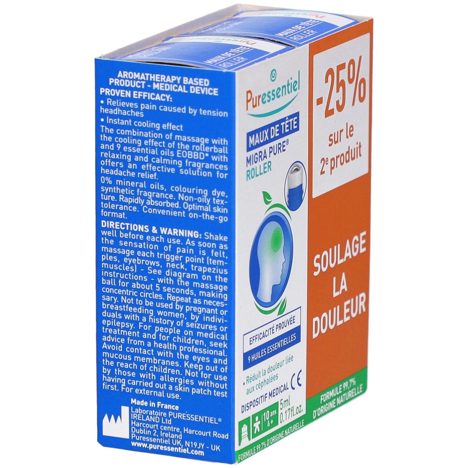 Boîte PURESSENTIEL. Inscription: MAUX DE TÊTE MIGRA PURE ROLLER. Dispositif médical. Contient 5ml. 9 huiles essentielles.