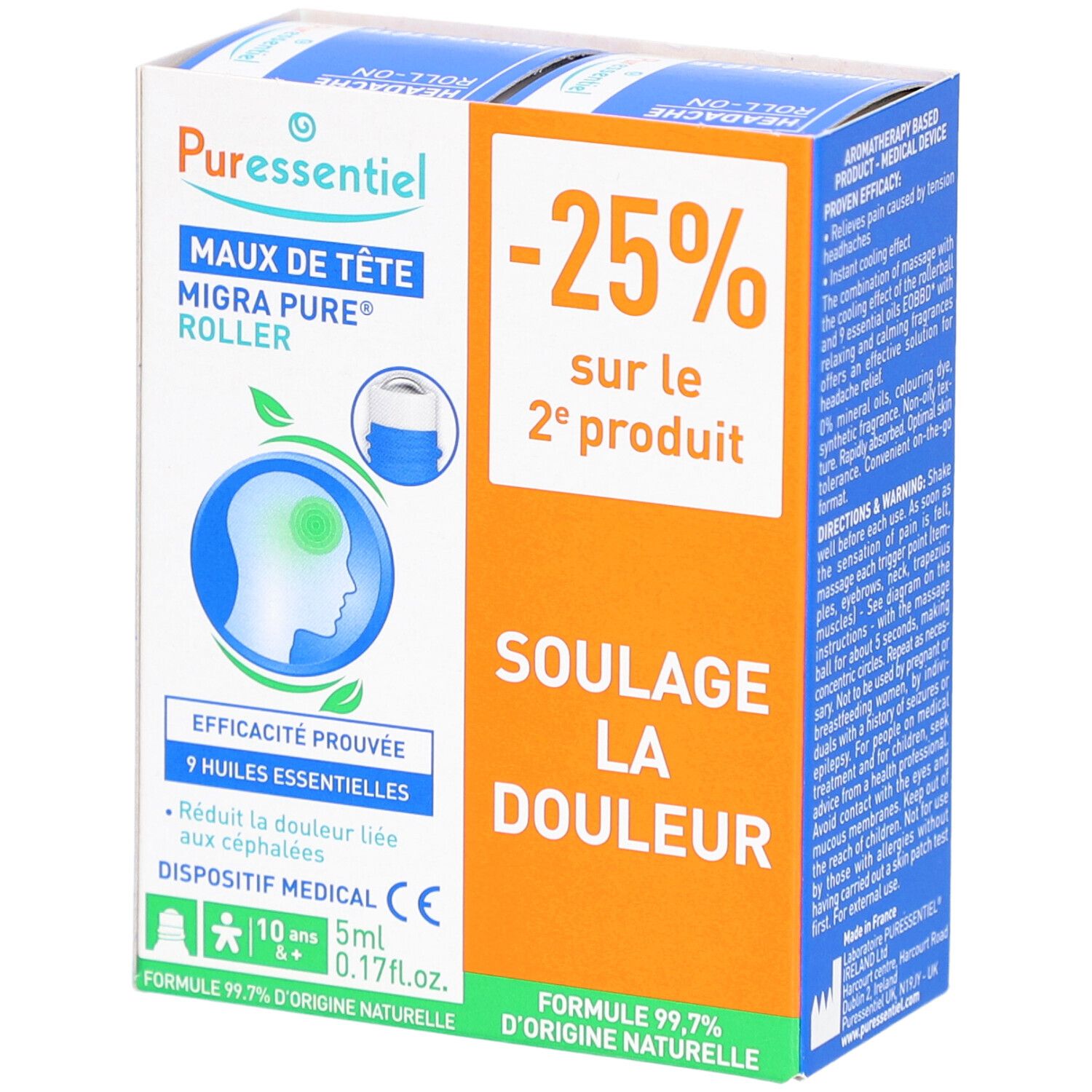 Boîte PURESSENTIEL. Inscription: MAUX DE TÊTE MIGRA PURE ROLLER. Dispositif médical. Contient 5ml. 9 huiles essentielles.