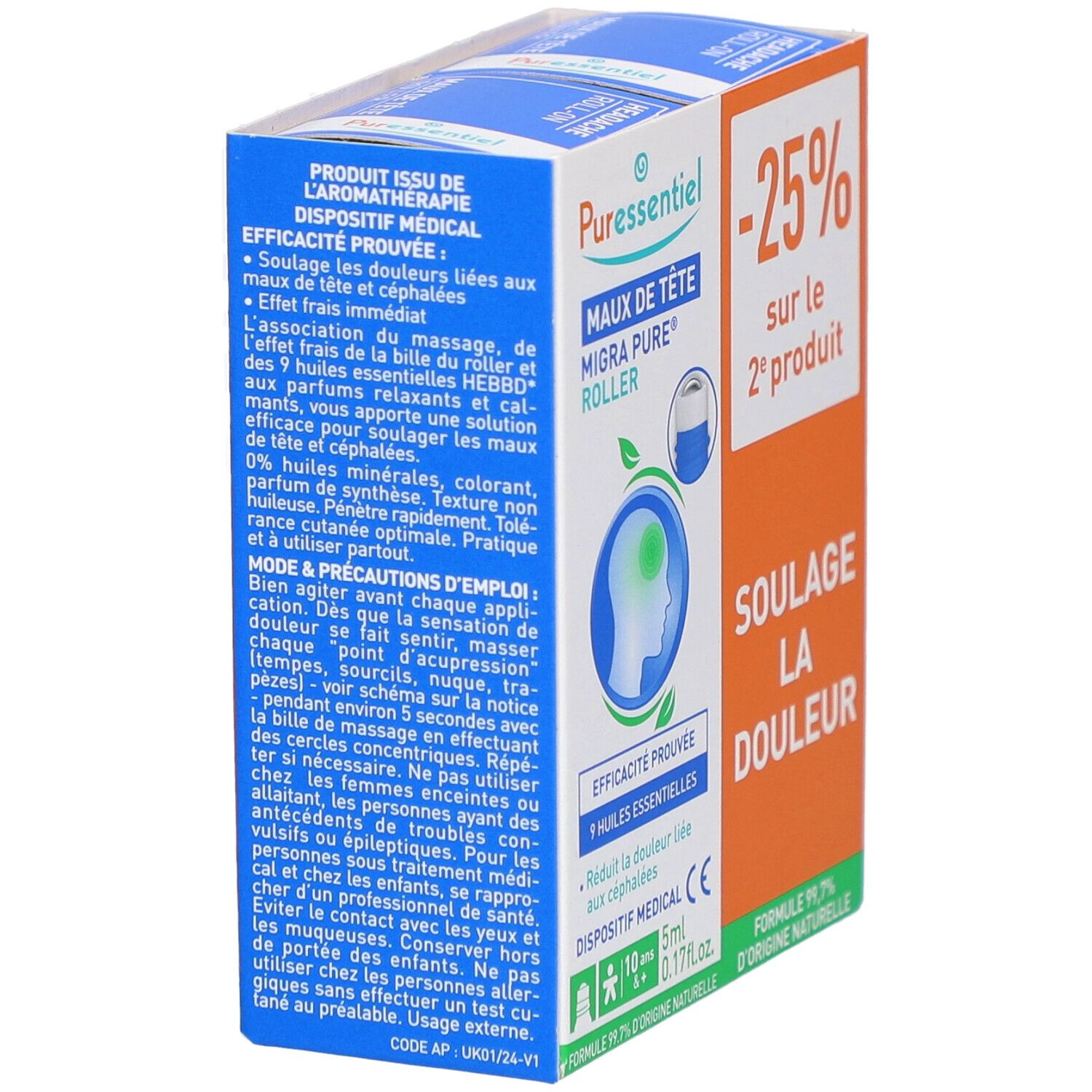 Boîte PURESSENTIEL. Inscription: MAUX DE TÊTE MIGRA PURE ROLLER. Dispositif médical. Contient 5ml. 9 huiles essentielles.