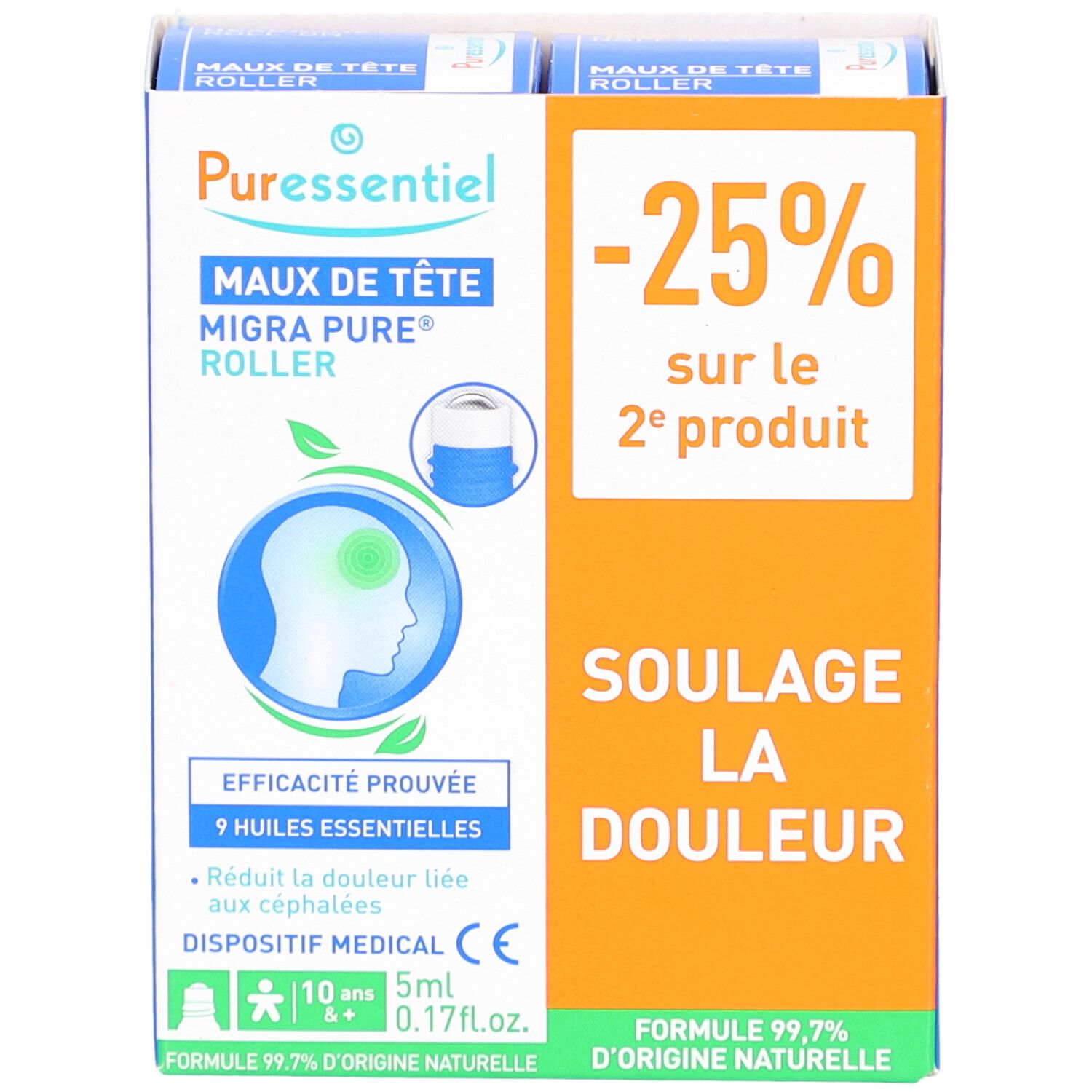 Boîte PURESSENTIEL. Inscription: MAUX DE TÊTE MIGRA PURE ROLLER. Dispositif médical. Contient 5ml. 9 huiles essentielles.