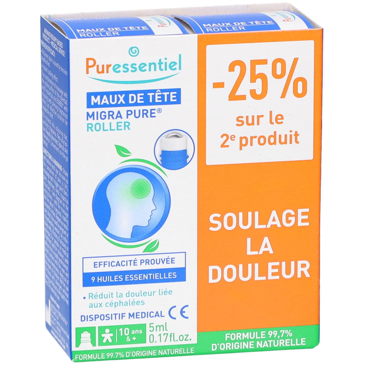 Boîte PURESSENTIEL. Inscription: MAUX DE TÊTE MIGRA PURE ROLLER. Dispositif médical. Contient 5ml. 9 huiles essentielles.