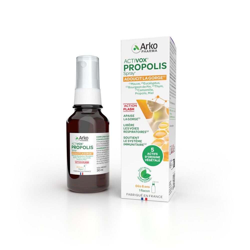 Flacon et emballage Activox Propolis Spray. Contient 5 actifs d'origine végétale. Fabriqué en France.
