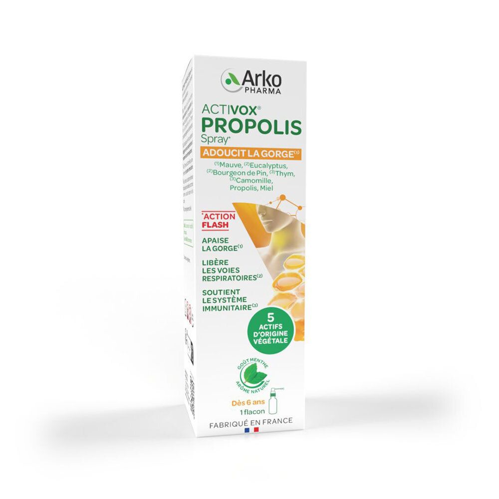 Emballage Activox Propolis Spray. Contient 5 actifs d'origine végétale. Détails des ingrédients et utilisation.
