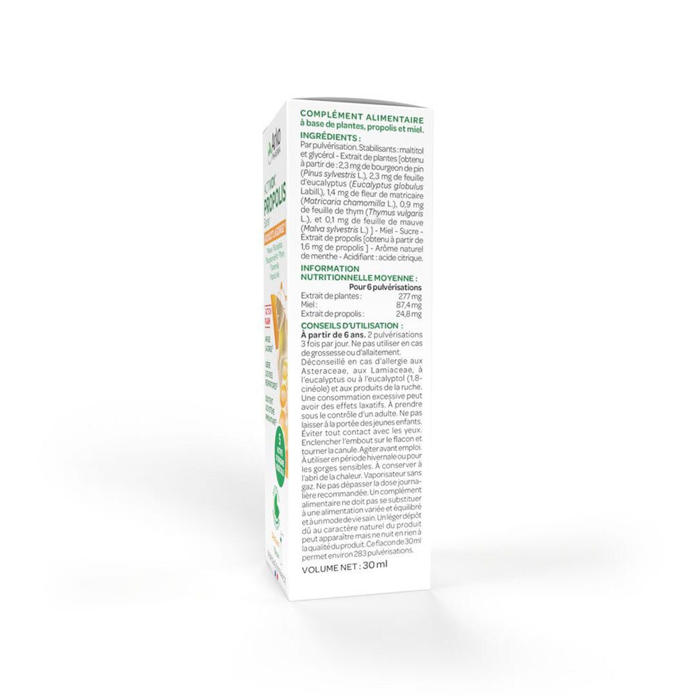 Emballage Activox Propolis Spray. Affiche ingrédients, informations nutritionnelles et conseils d'utilisation.