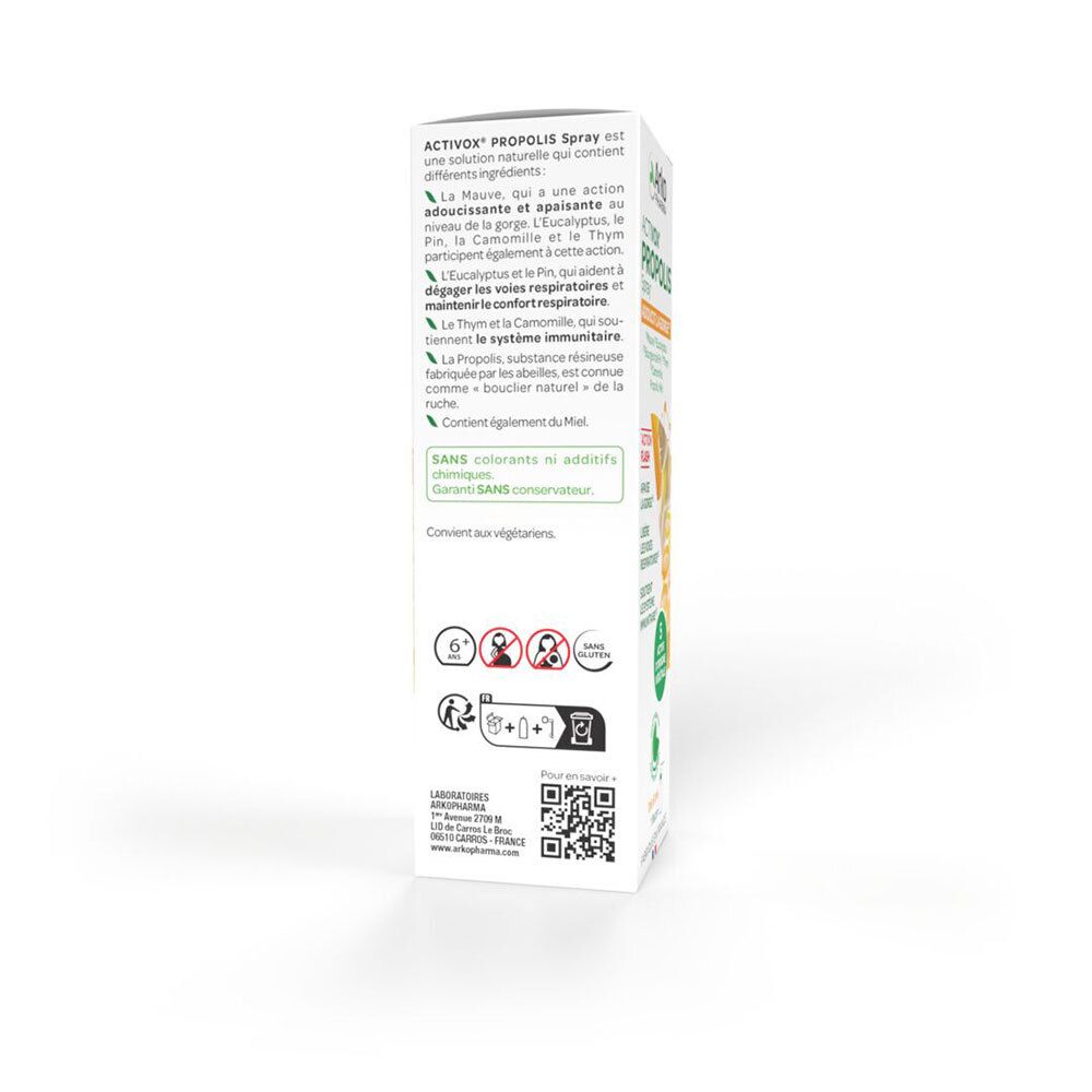 Emballage Activox Propolis Spray. Affiche informations sur les ingrédients et avertissements.