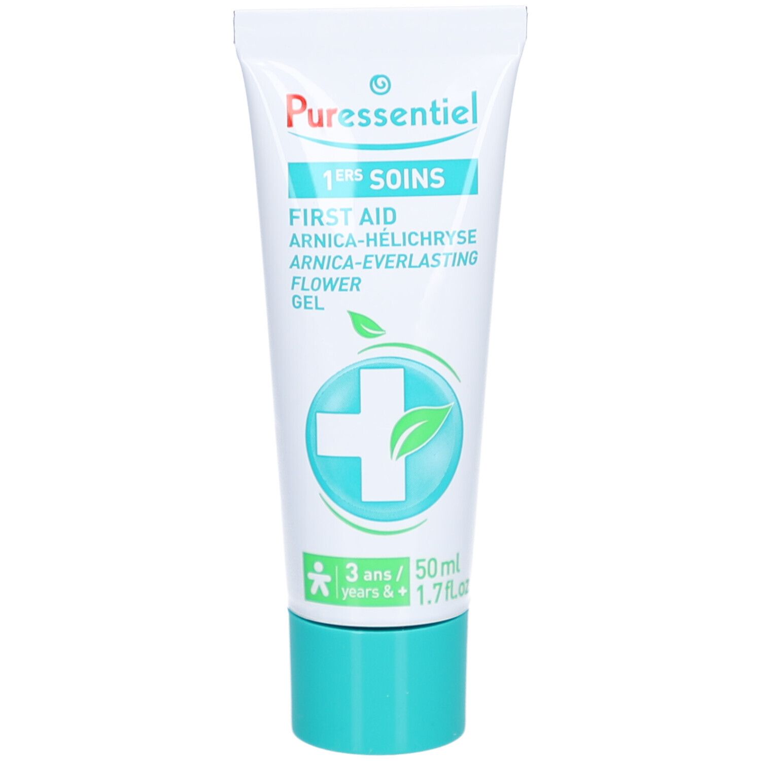 Tube blanc, bouchon turquoise. Inscription: PURESSENTIEL, 1ERS SOINS, FIRST AID, ARNICA-HÉLICHRYSE, FLOWER GEL. Logo: croix et feuille.