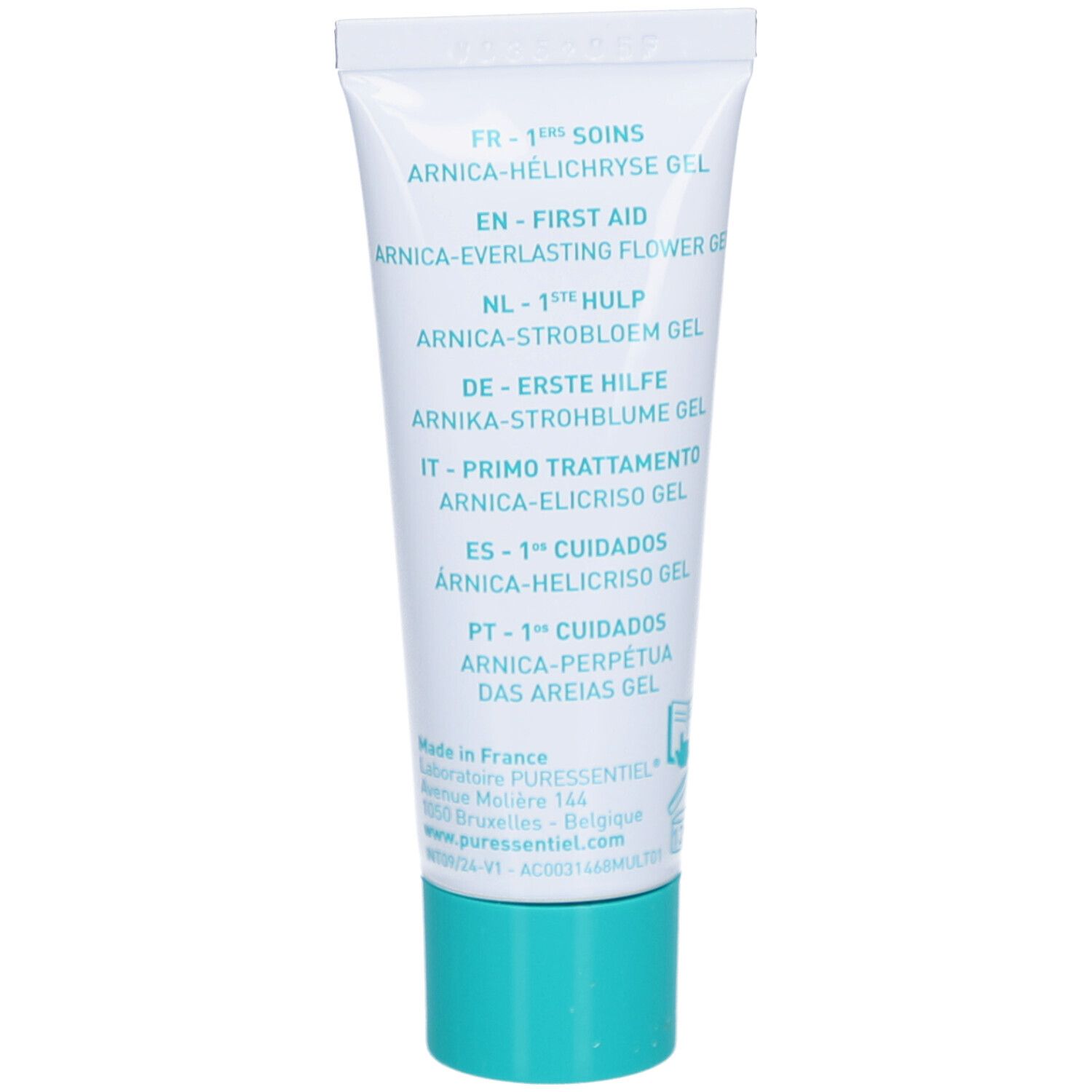 Dos du tube. Inscriptions multilingues: ARNICA-HÉLICHRYSE GEL, FIRST AID, ARNICA-EVERLASTING FLOWER GEL, ARNICA-STROBLOEM GEL.