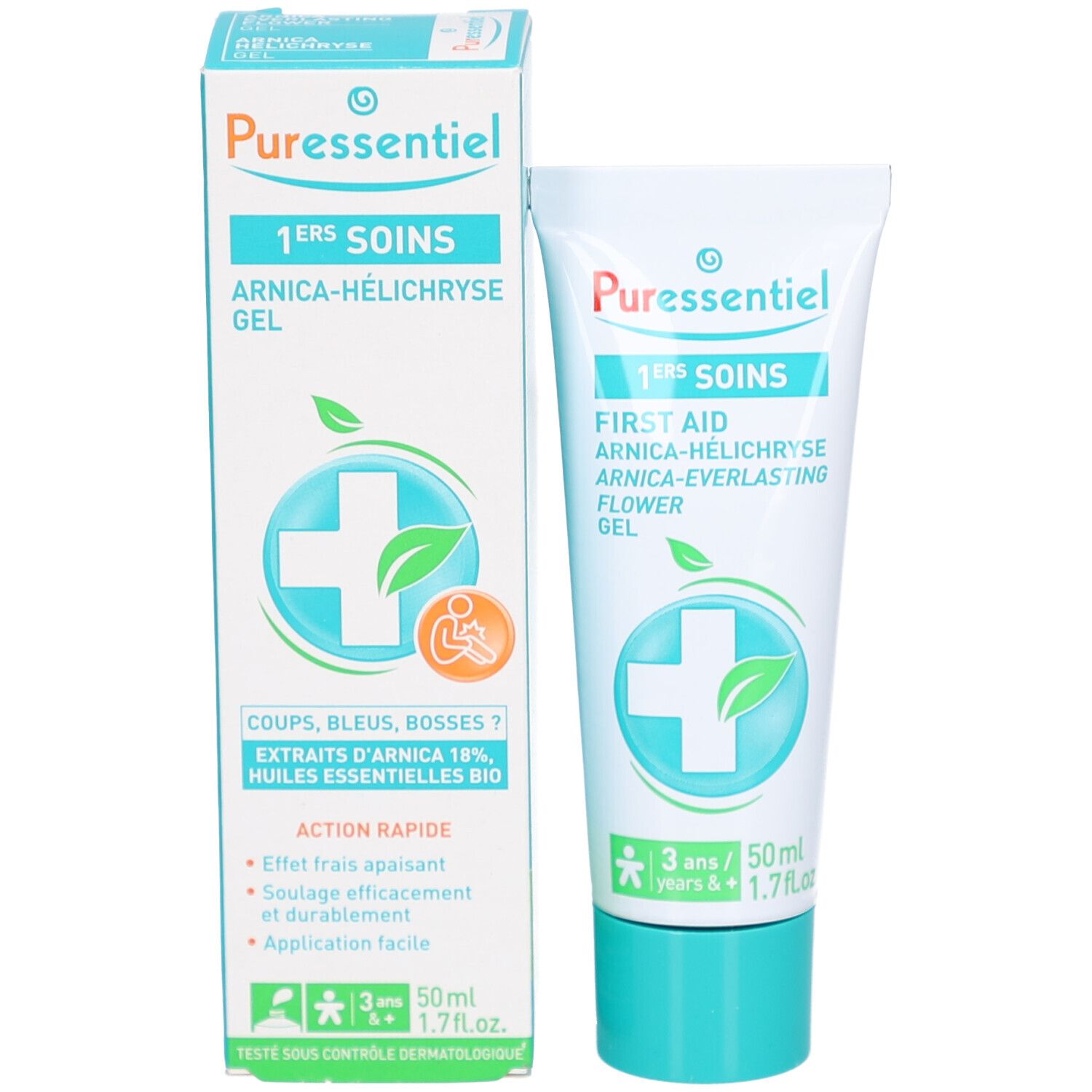 Produit et emballage. Tube et boîte blancs. Inscription: PURESSENTIEL, 1ERS SOINS, ARNICA-HÉLICHRYSE GEL. Logo: croix et feuille. Texte: COUPS, BLEUS, BOSSES?