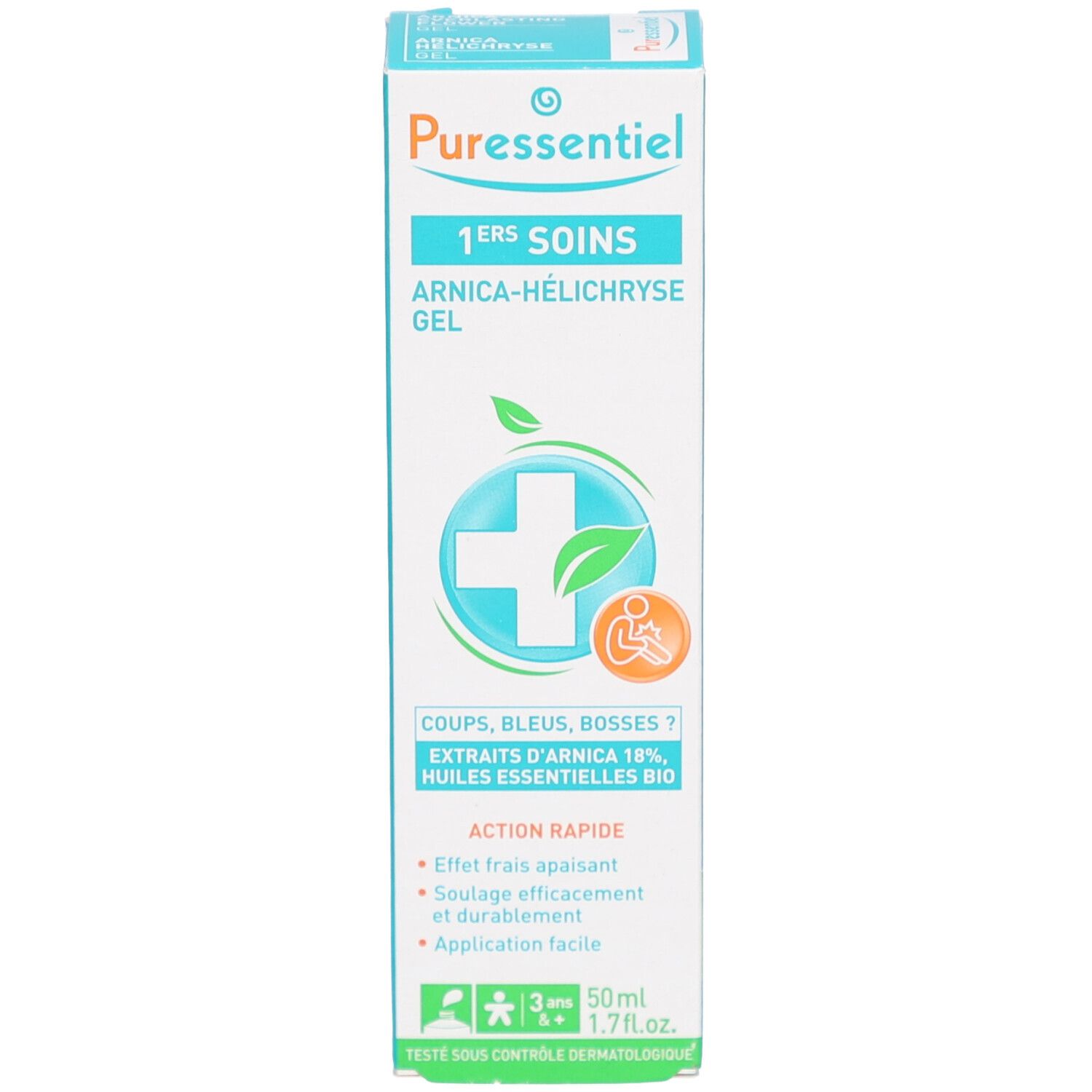 Produit et emballage. Tube et boîte blancs. Inscription: PURESSENTIEL, 1ERS SOINS, ARNICA-HÉLICHRYSE GEL. Logo: croix et feuille. Texte: COUPS, BLEUS, BOSSES?