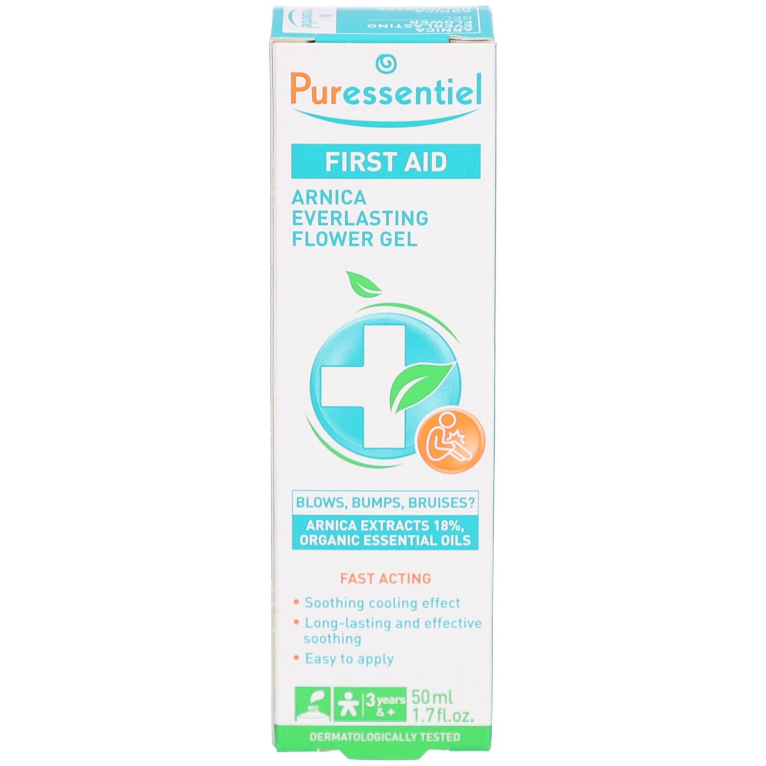 Face avant de la boîte. Inscription: PURESSENTIEL, FIRST AID, ARNICA EVERLASTING FLOWER GEL. Logo: croix et feuille. Texte: BLOWS, BUMPS, BRUISES? ARNICA EXTRACTS 18%.