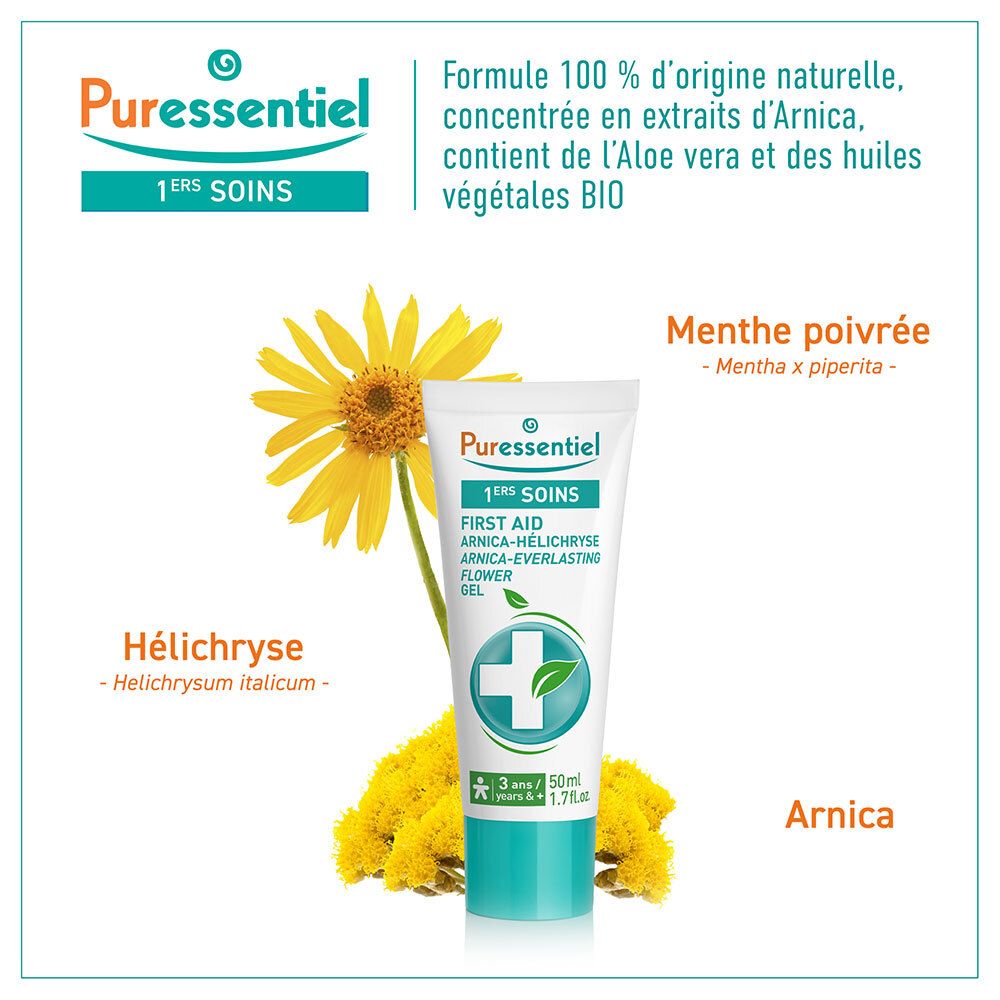 Gel Puressentiel Arnica-Hélichryse avec plantes d'arnica, d'hélichryse et de menthe poivrée.
