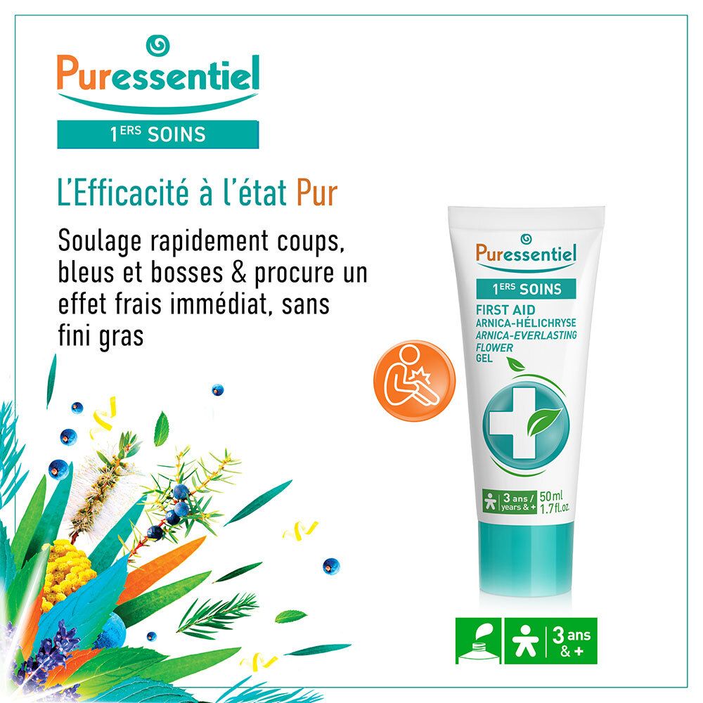 Gel Puressentiel Arnica-Hélichryse avec illustrations de plantes et de baies.