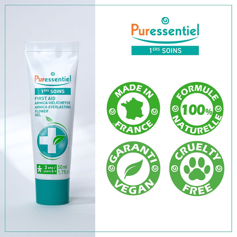 Gel Puressentiel Arnica-Hélichryse avec sceaux 'Made in France', '100% Naturelle', 'Vegan', 'Cruelty Free'.