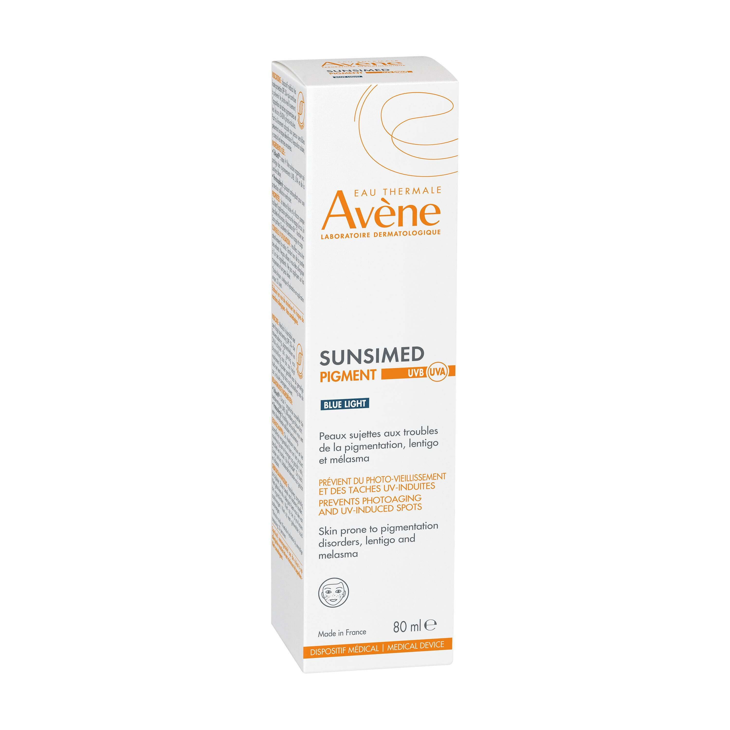Emballage blanc avec informations produit. Inscriptions: AVENE, SUNSIMED PIGMENT. 80 ml.