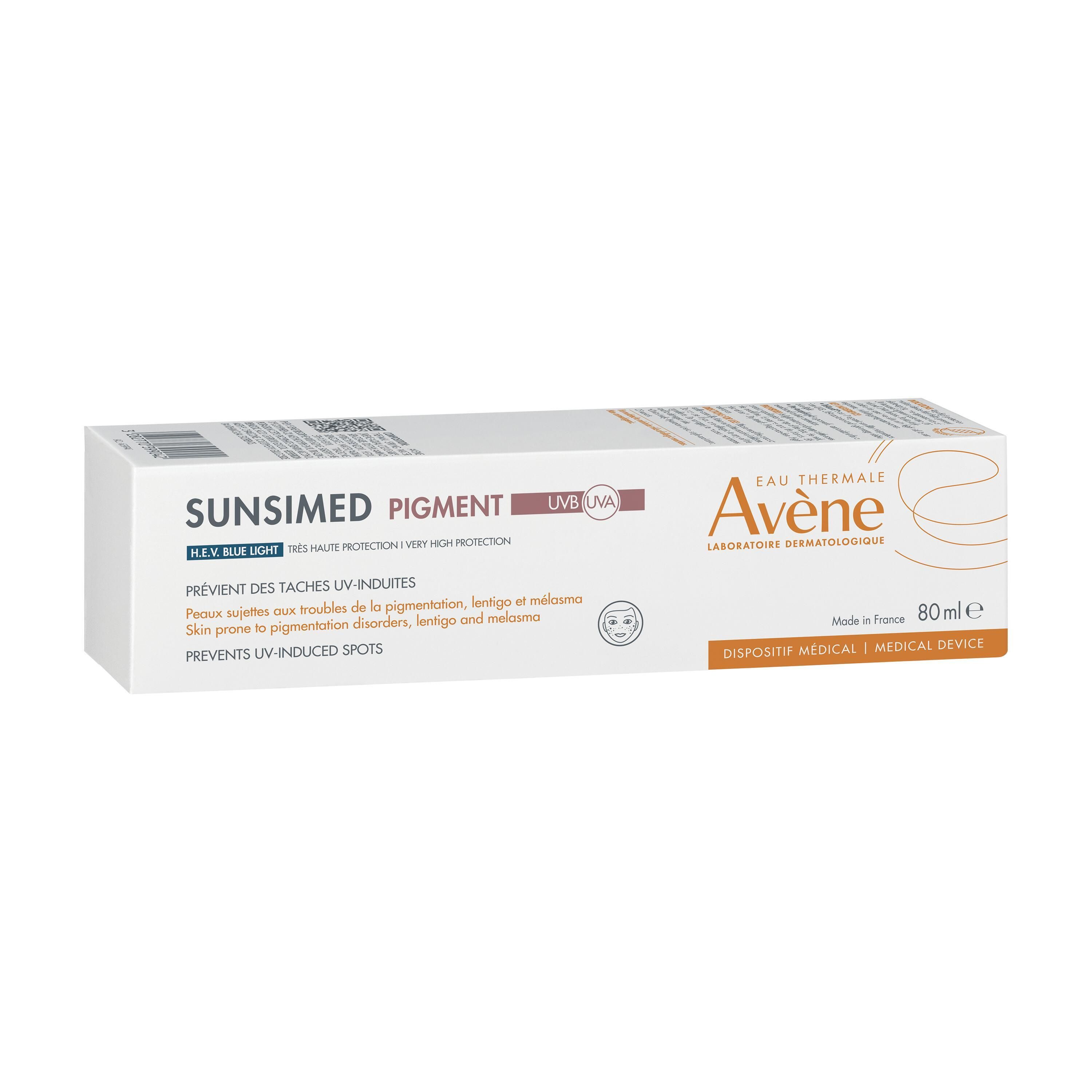 Emballage blanc avec informations produit. Inscriptions: AVENE, SUNSIMED PIGMENT. 80 ml.