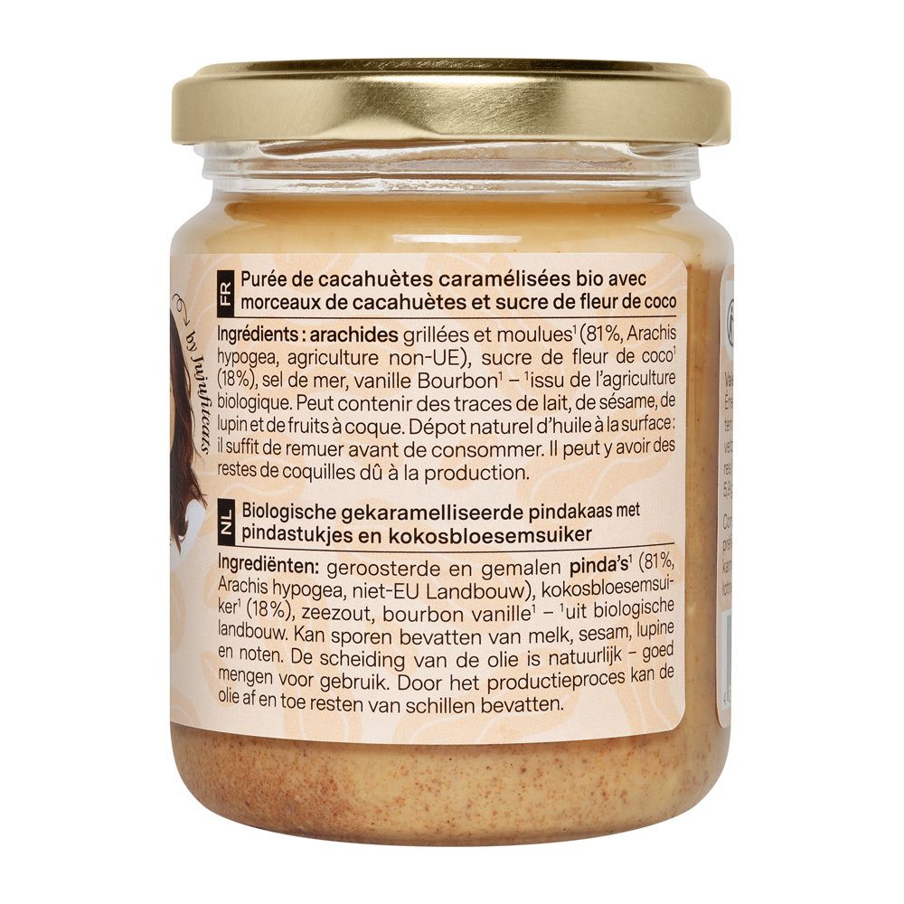 Dos du pot de beurre de cacahuètes. Ingrédients, valeurs nutritionnelles, date limite de consommation, adresse du fabricant.