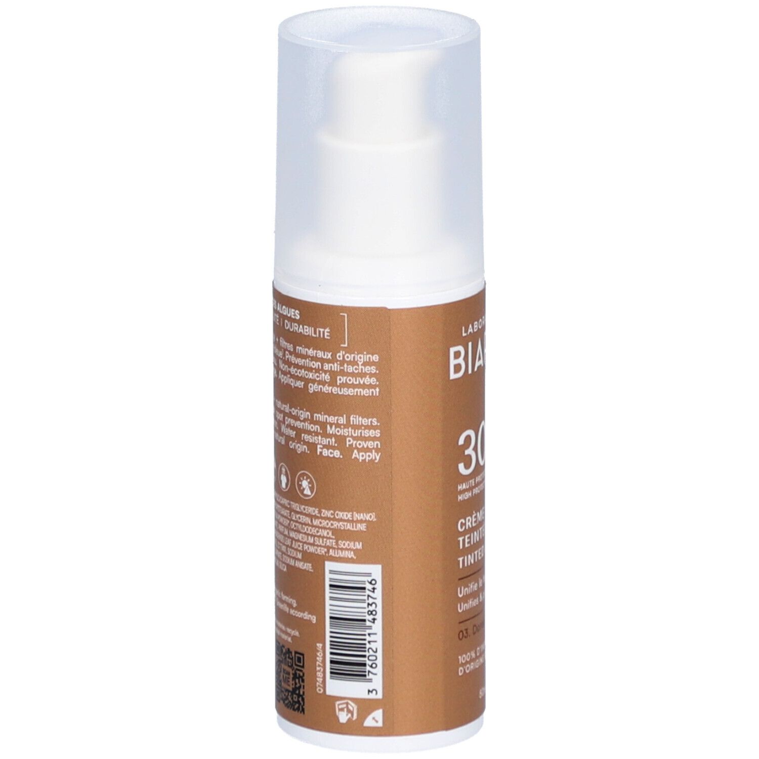 Dos du flacon de crème solaire. LABORATOIRES DE BIARRITZ. Ingrédients, informations. Code-barres et QR code.