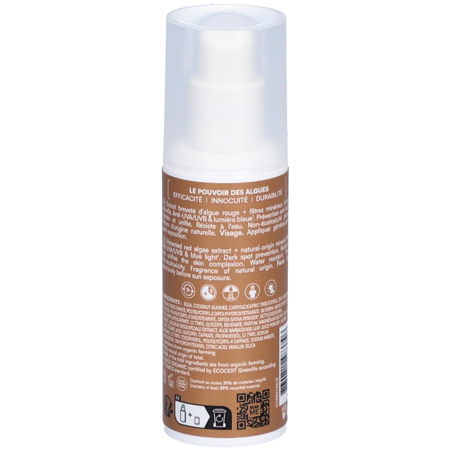 Dos du flacon de crème solaire. LABORATOIRES DE BIARRITZ. Ingrédients, informations. Certification ECOCERT.