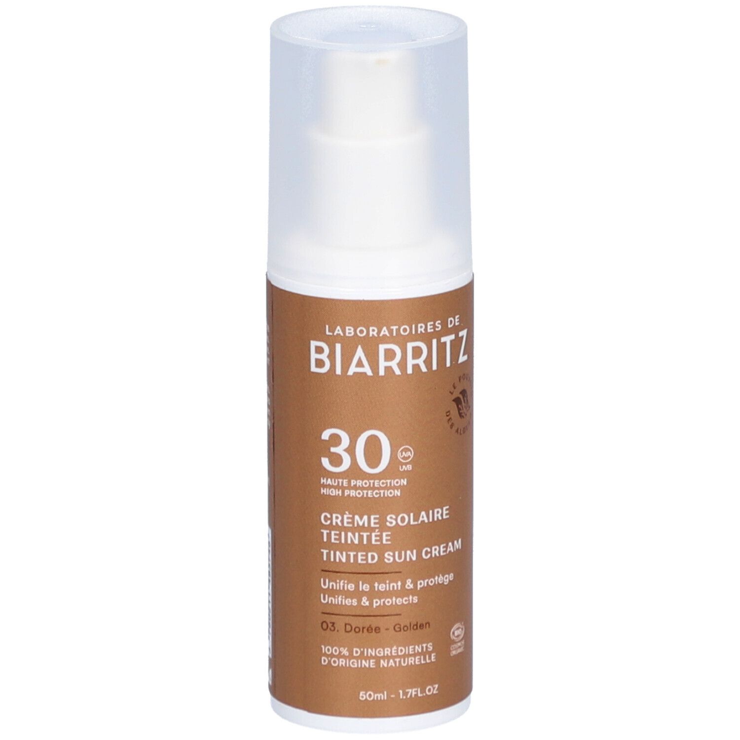 Flacon de crème solaire teintée dorée. LABORATOIRES DE BIARRITZ. Protection 30. Flacon pompe.