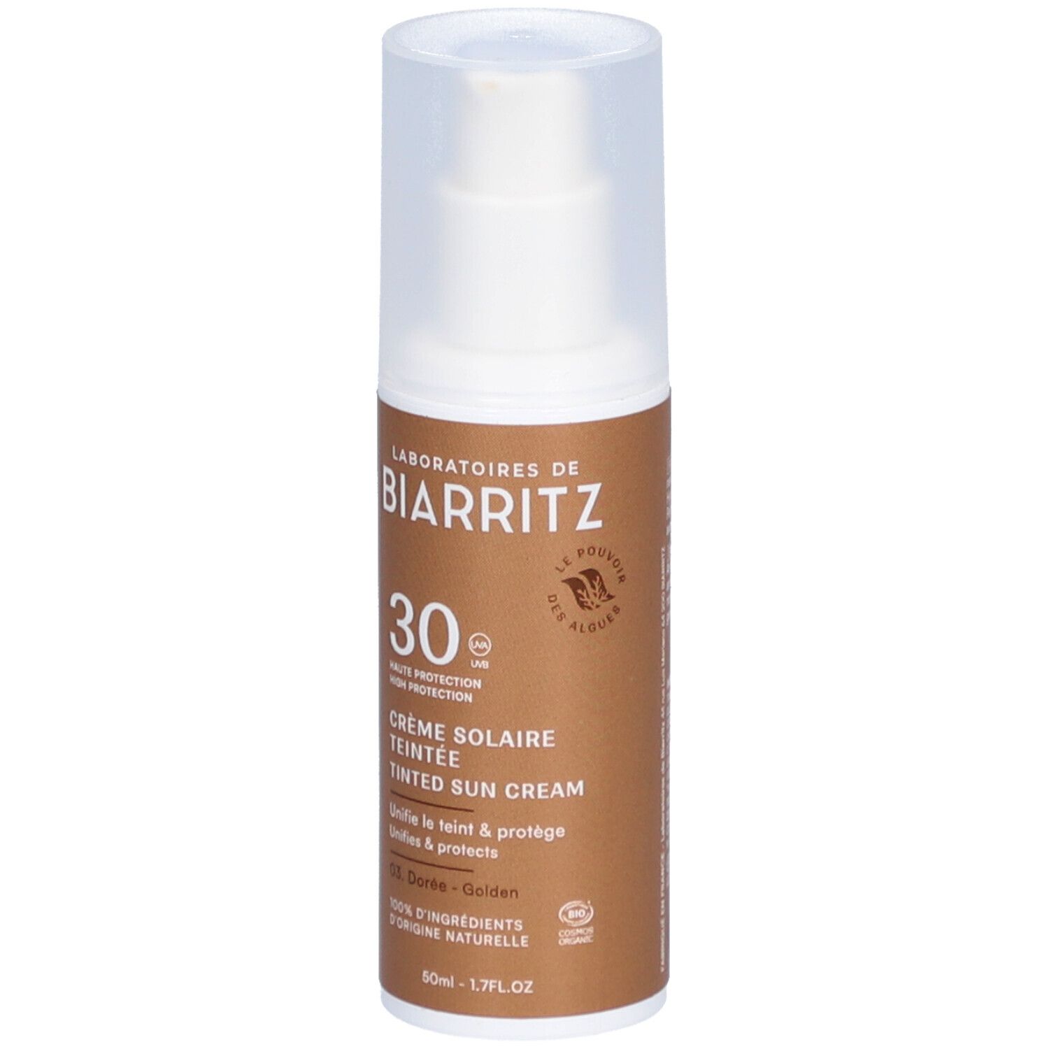 Flacon de crème solaire teintée dorée. LABORATOIRES DE BIARRITZ. Protection 30. Flacon pompe.