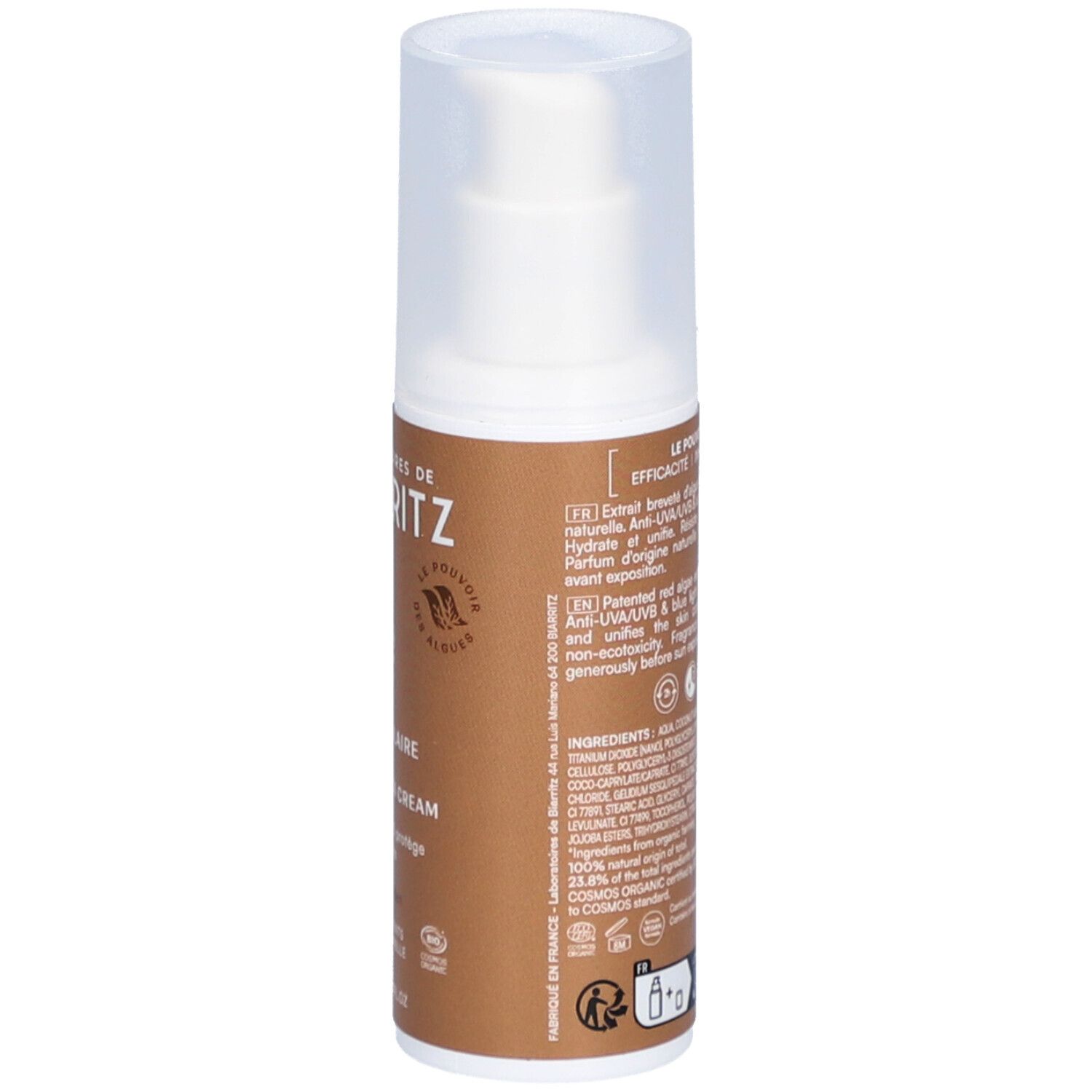 Dos du flacon de crème solaire. LABORATOIRES DE BIARRITZ. Ingrédients, informations. Certification ECOCERT.