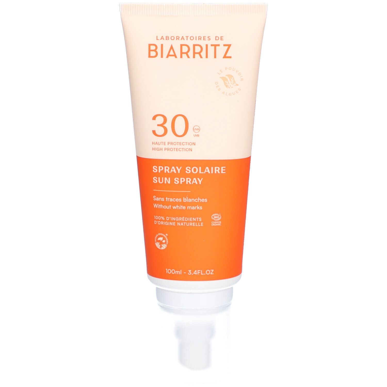 Spray Solaire SPF30 LABORATOIRES DE BIARRITZ. Tube orange et blanc avec pulvérisateur. Texte: SPF30, Sun Spray.