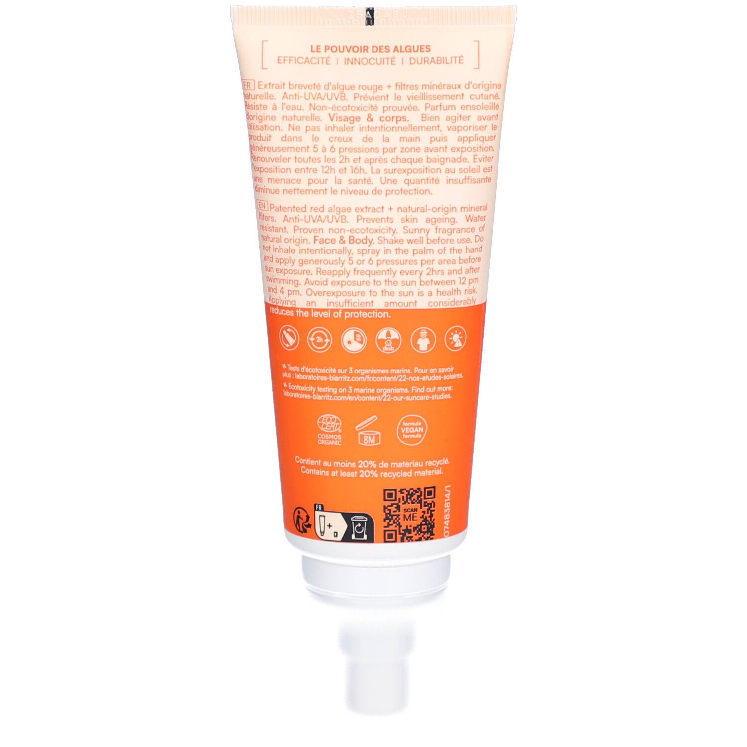 Dos du tube Spray Solaire SPF30. Texte: Ingrédients, 100% ingrédients d'origine naturelle, sans traces blanches.