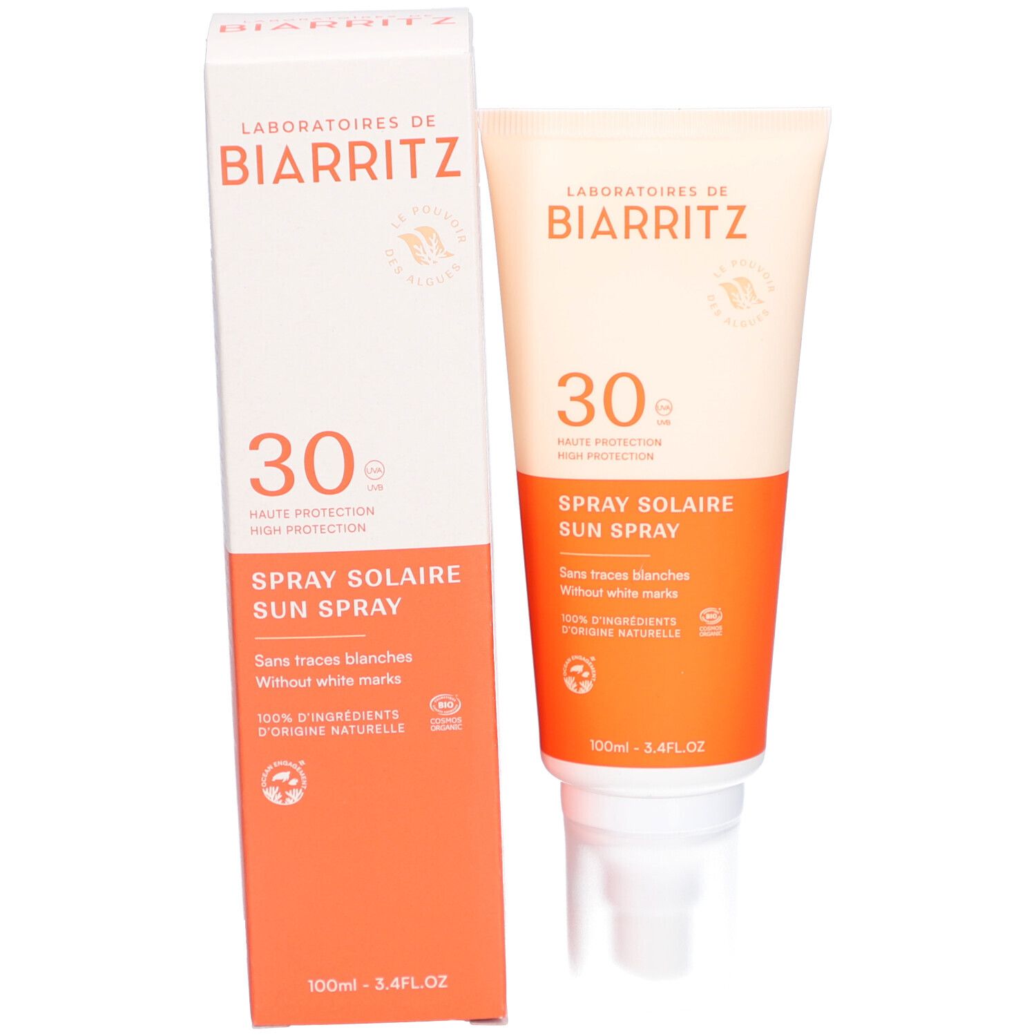 Spray Solaire SPF30 et emballage de LABORATOIRES DE BIARRITZ. Tube et boîte orange et blanc. Texte: SPF30, Sun Spray.