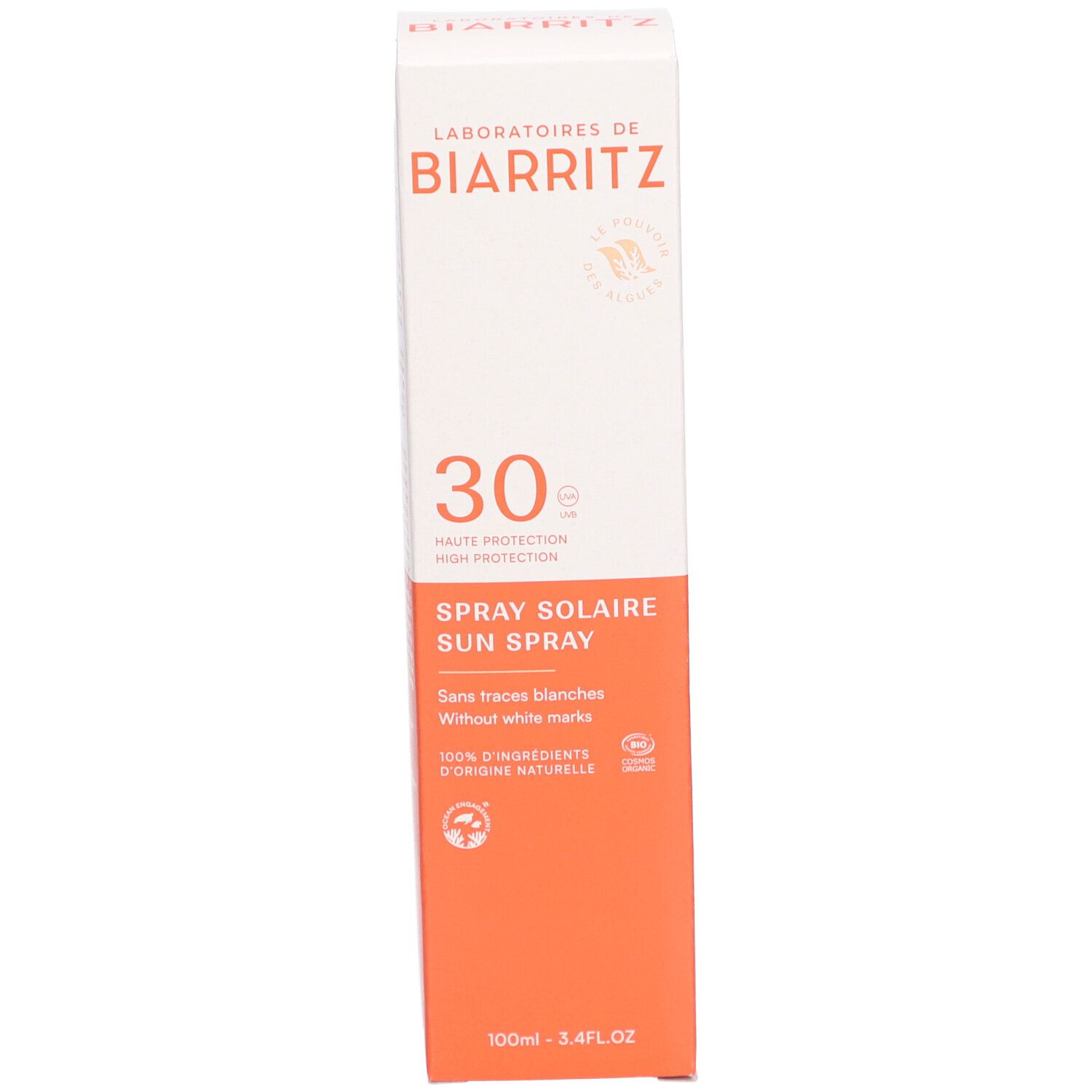 Emballage de Spray Solaire SPF30. Boîte blanche et orange. Texte: SPF30, Sun Spray, 100% ingrédients d'origine naturelle.