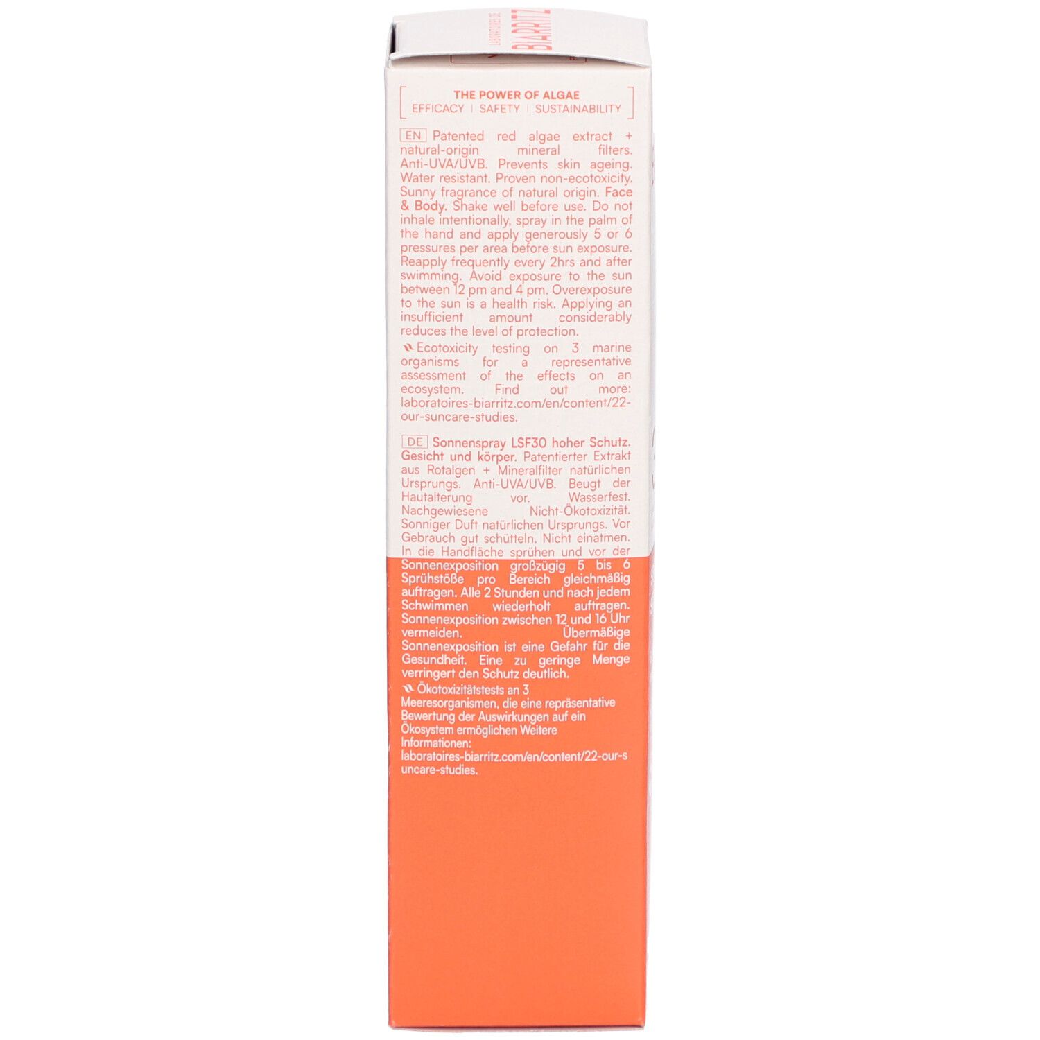 Côté de l'emballage Spray Solaire SPF30. Texte: The Power of Algae, protection solaire, ingrédients, mode d'emploi.