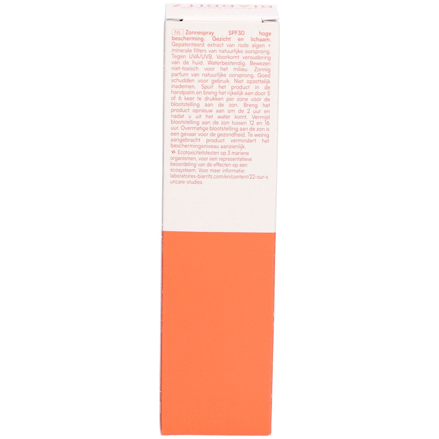Côté de l'emballage Spray Solaire SPF30. Texte: Protection solaire, ingrédients, mode d'emploi, certifications.