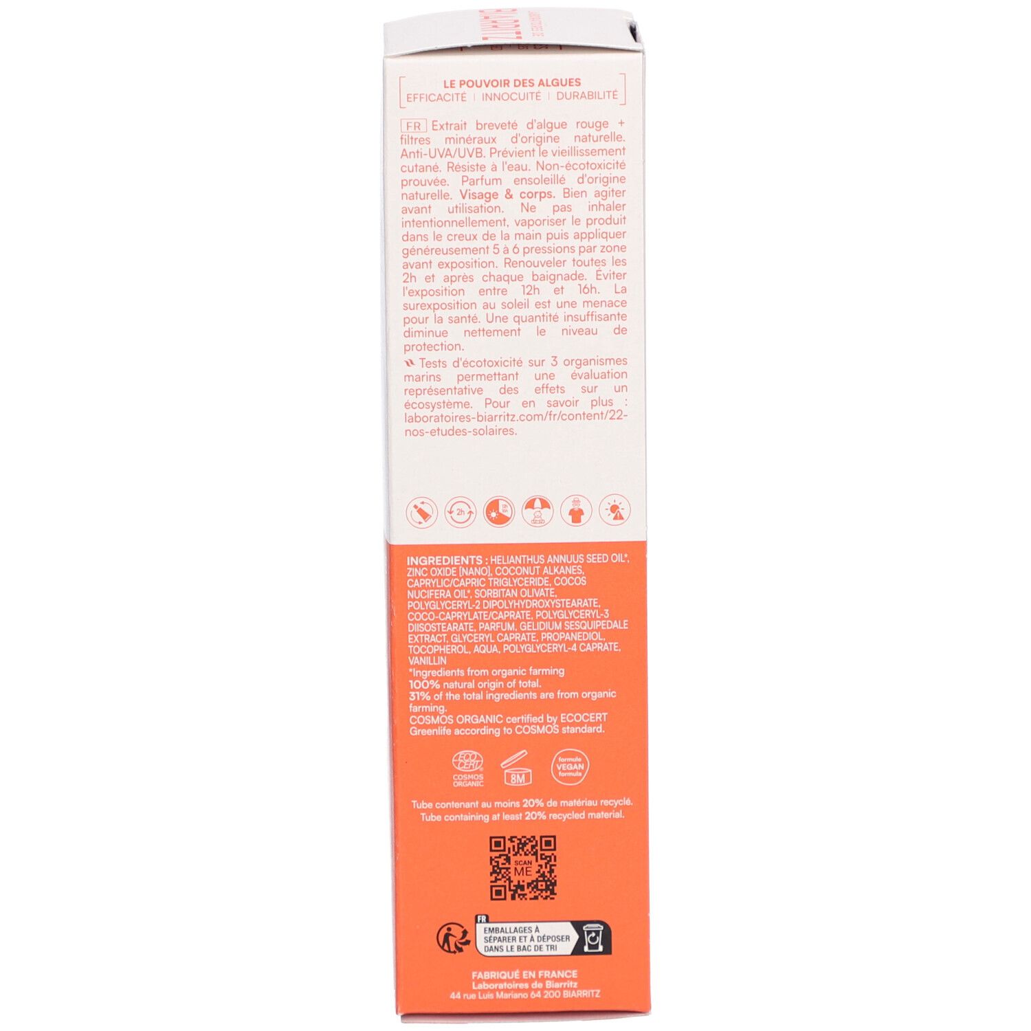 Dos de l'emballage Spray Solaire SPF30. Texte: Ingrédients, certifications, code QR, Fabriqué en France.