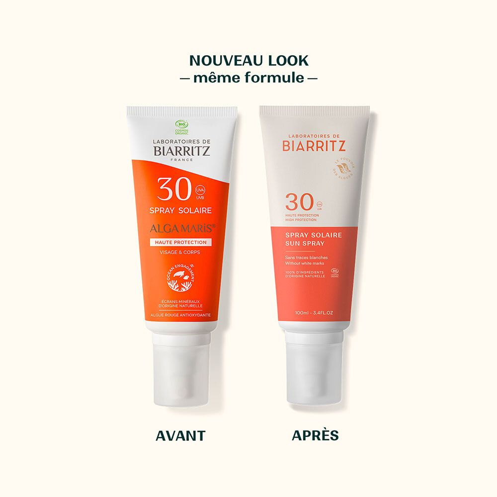 Comparaison : LABORATOIRES DE BIARRITZ Spray Solaire SPF30, ancien et nouveau.