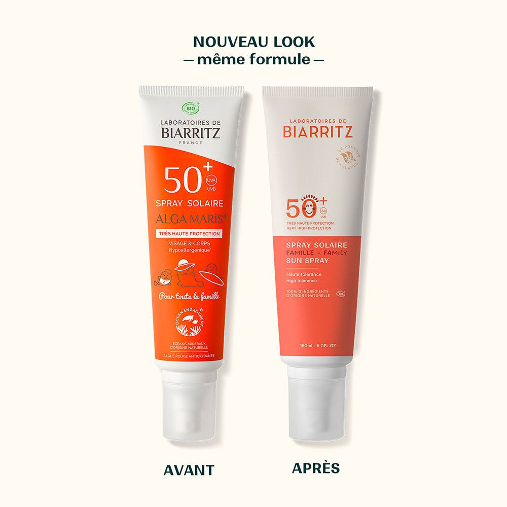 Comparaison : Laboratoires de Biarritz Spray Solaire Famille SPF50+ (Avant vs. Nouveau).