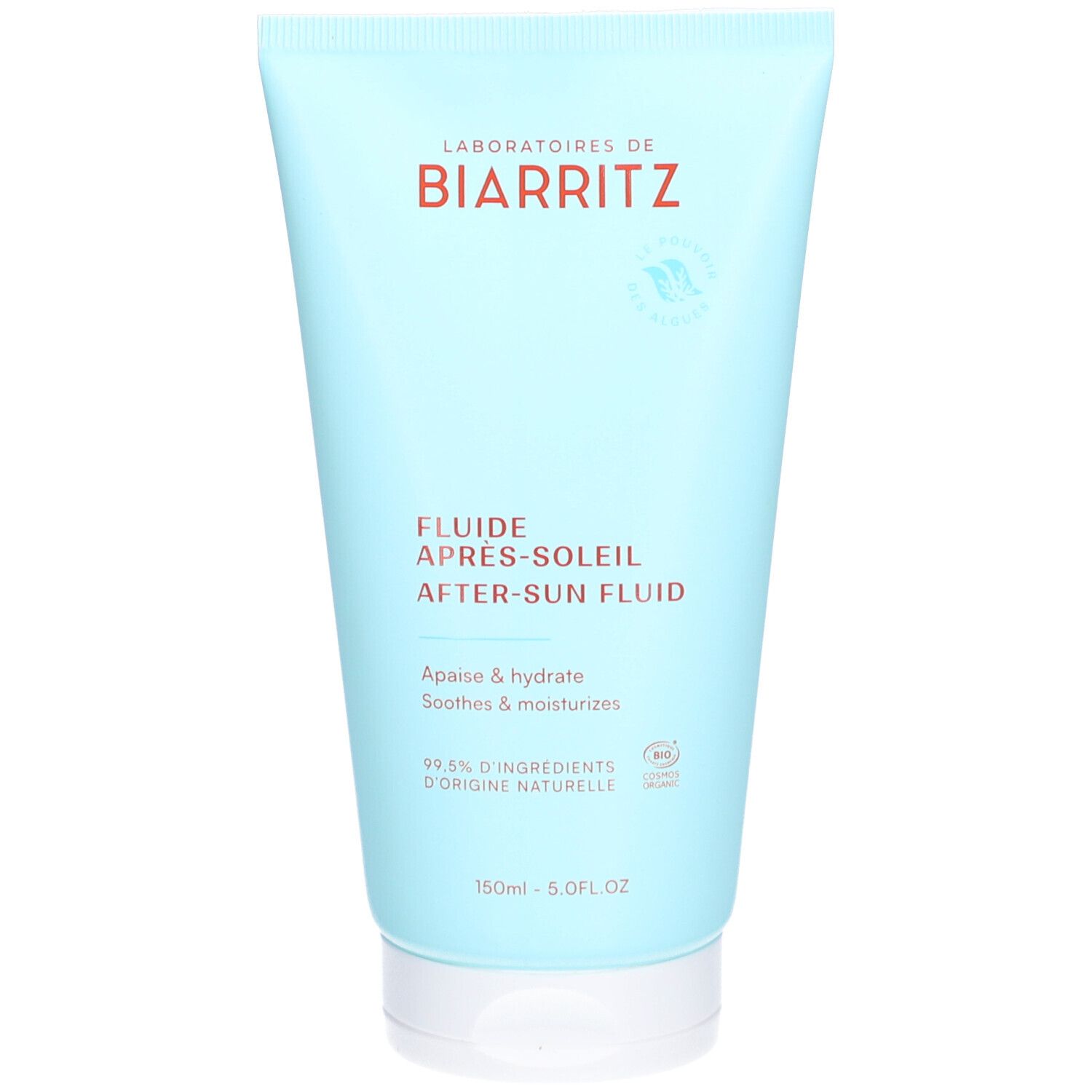 Tube bleu clair. Inscription: "LABORATOIRES DE BIARRITZ". Texte: "FLUIDE APRES-SOLEIL AFTER-SUN FLUID". "Apaise & hydrate". Label bio.