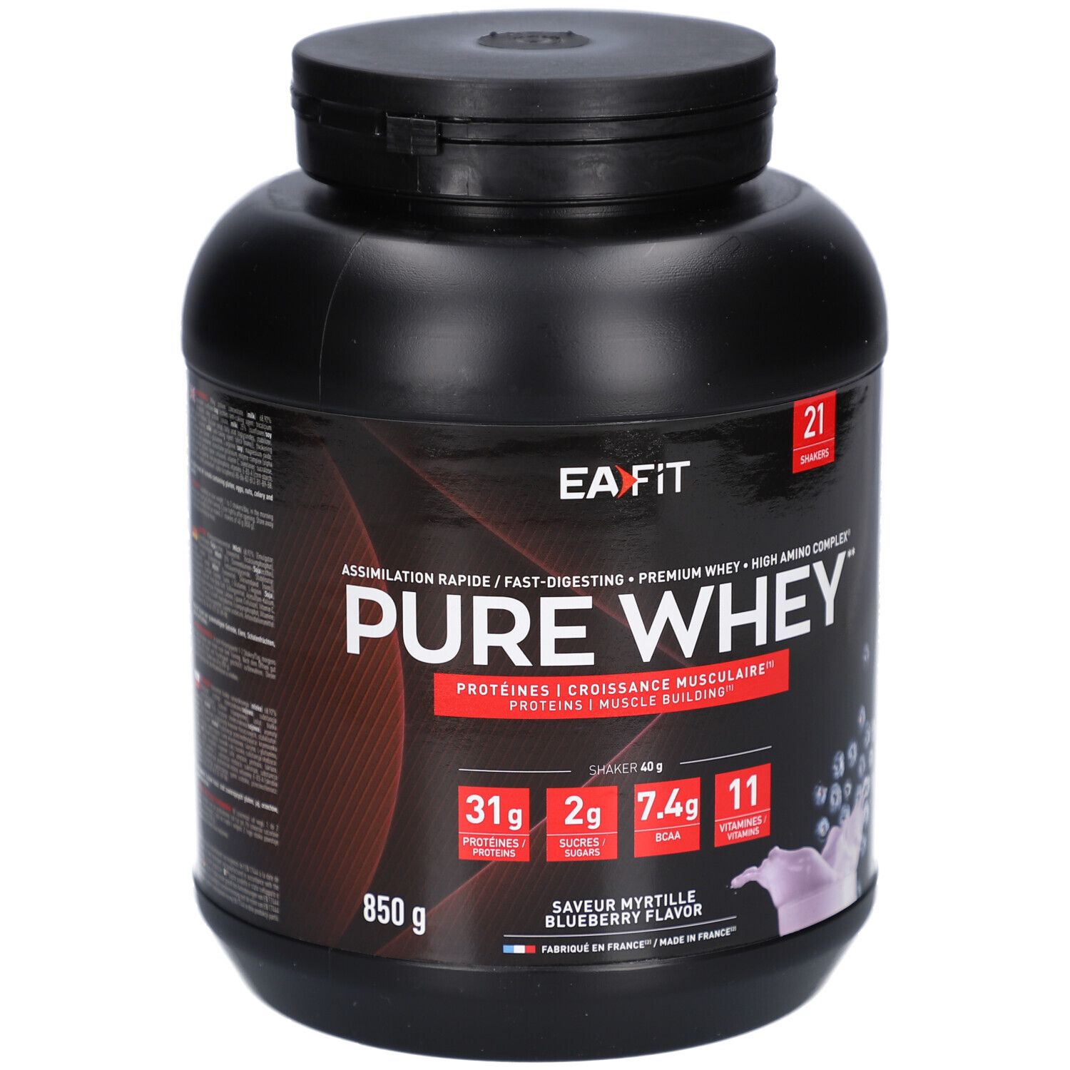 Pot noir EAFIT PURE WHEY. Inscriptions : protéines, 850g, saveur myrtille. Contient 21 portions.