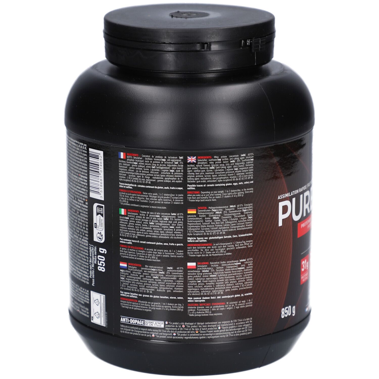 Dos du pot noir. Texte en plusieurs langues. Informations nutritionnelles et ingrédients.