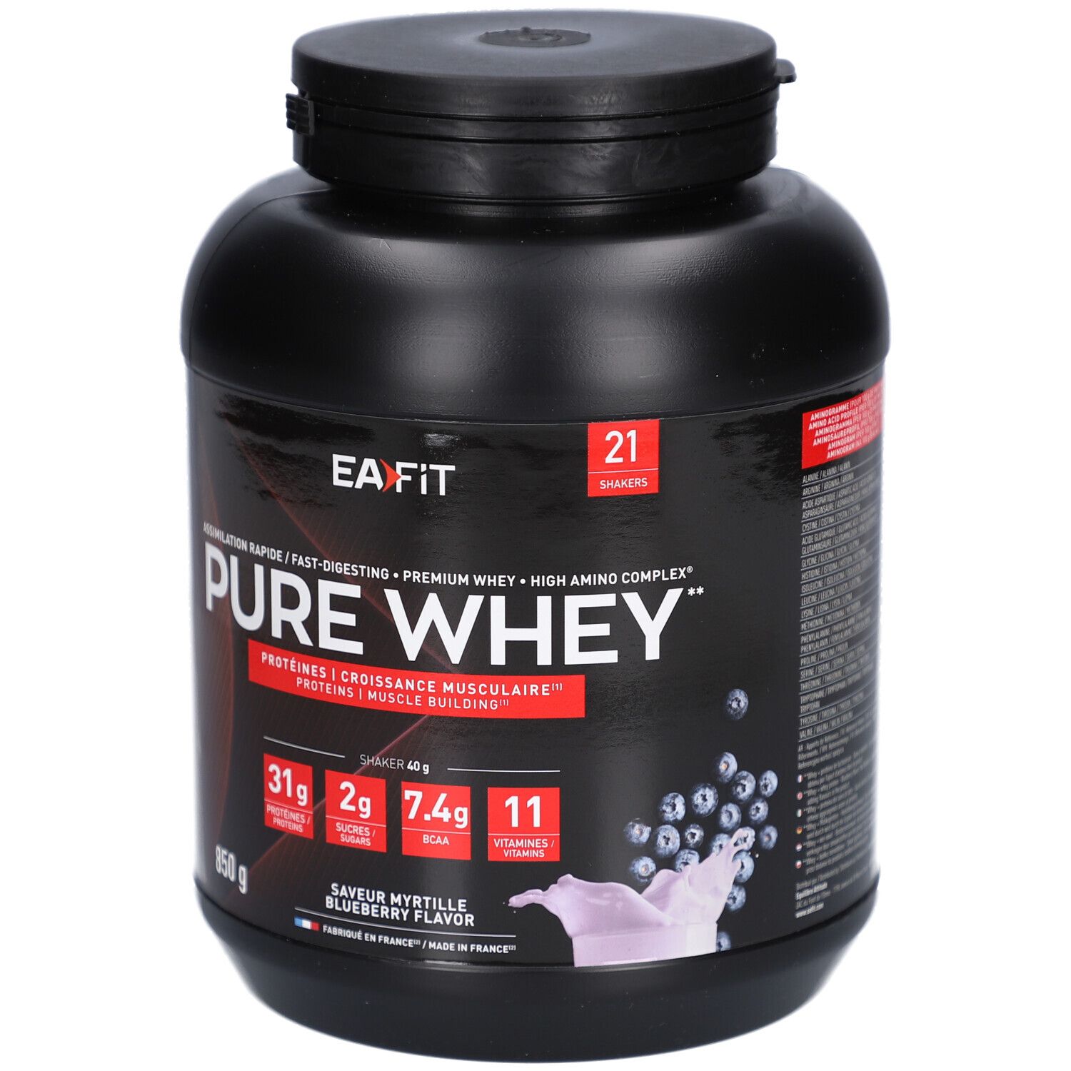 Pot noir EAFIT PURE WHEY. Inscriptions : protéines, 850g, saveur myrtille. Contient 21 portions.