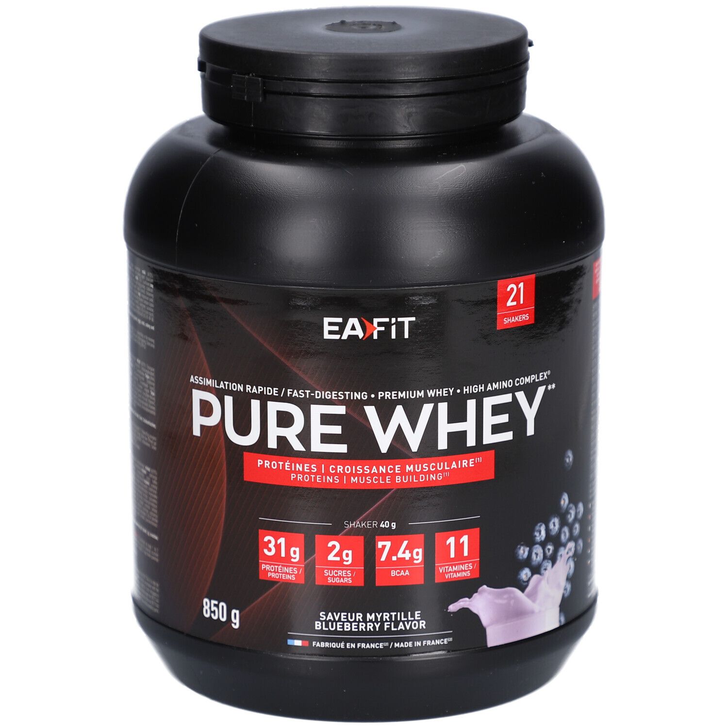 Pot noir EAFIT PURE WHEY. Inscriptions : protéines, 850g, saveur myrtille. Contient 21 portions.