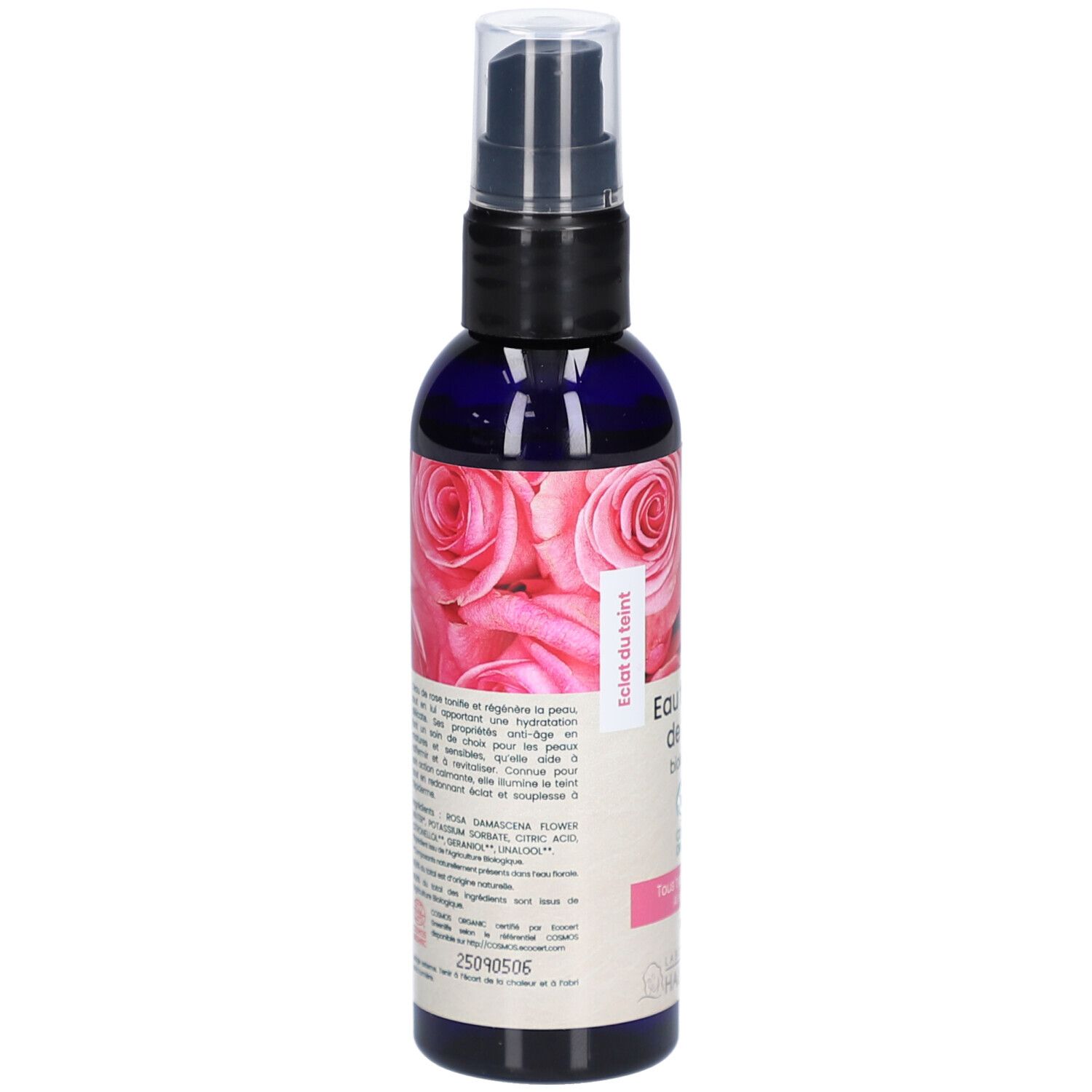 Vue arrière du flacon. Étiquette avec texte et ingrédients. Motif de roses. Certification bio. Nom du produit: Eau florale de rose biologique.