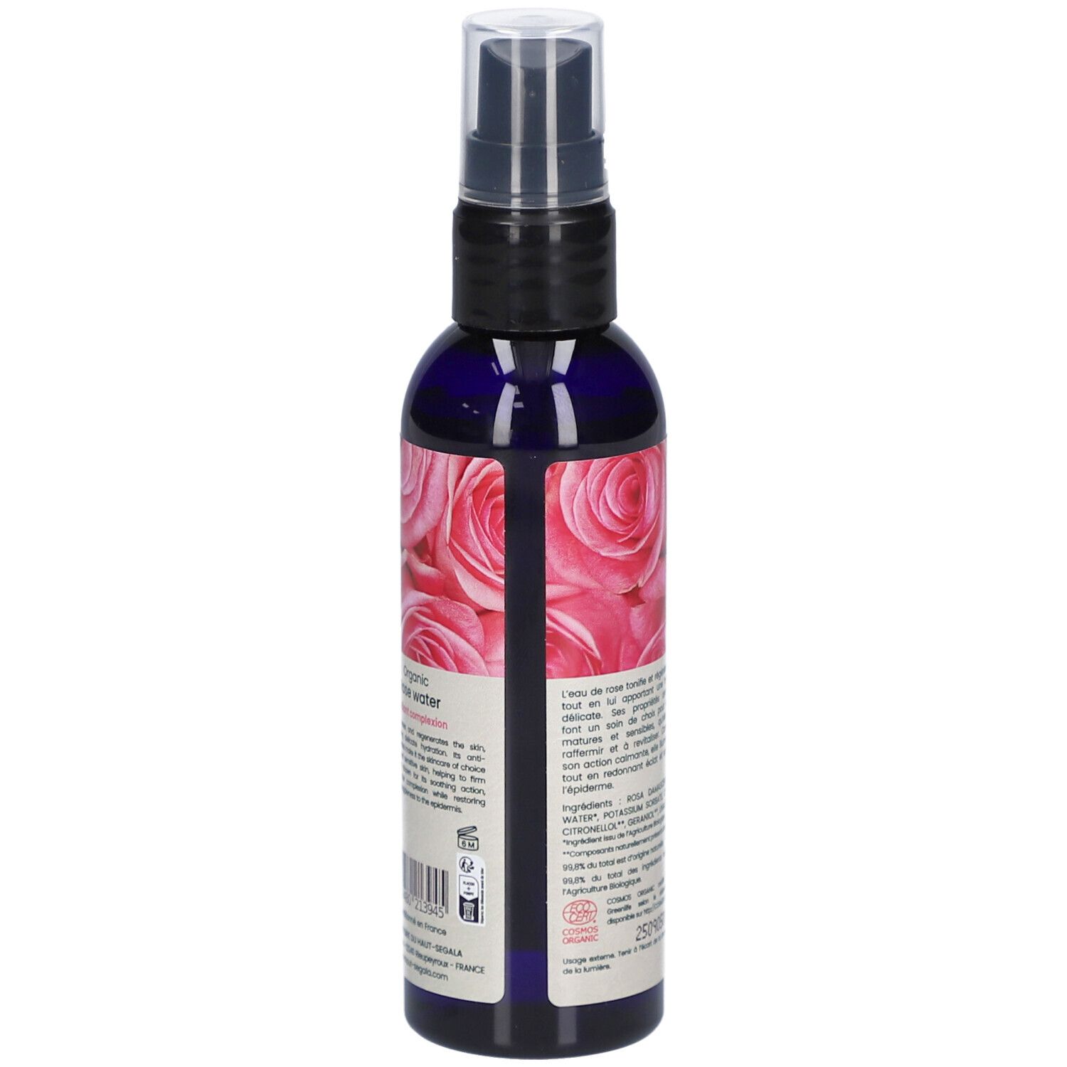 Vue arrière du flacon. Étiquette avec texte et ingrédients. Motif de roses. Certification bio. Nom du produit: Eau florale de rose biologique.