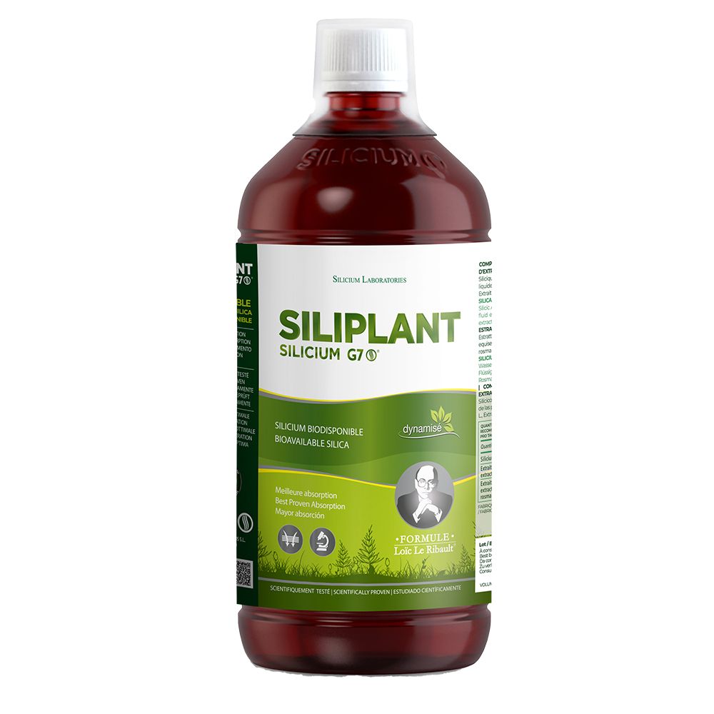 Bouteille ronde, liquide rouge. Étiquette SILIPLANT Silicium G7®. Bouchon blanc. Logo Dynamisée. Image d'une personne.