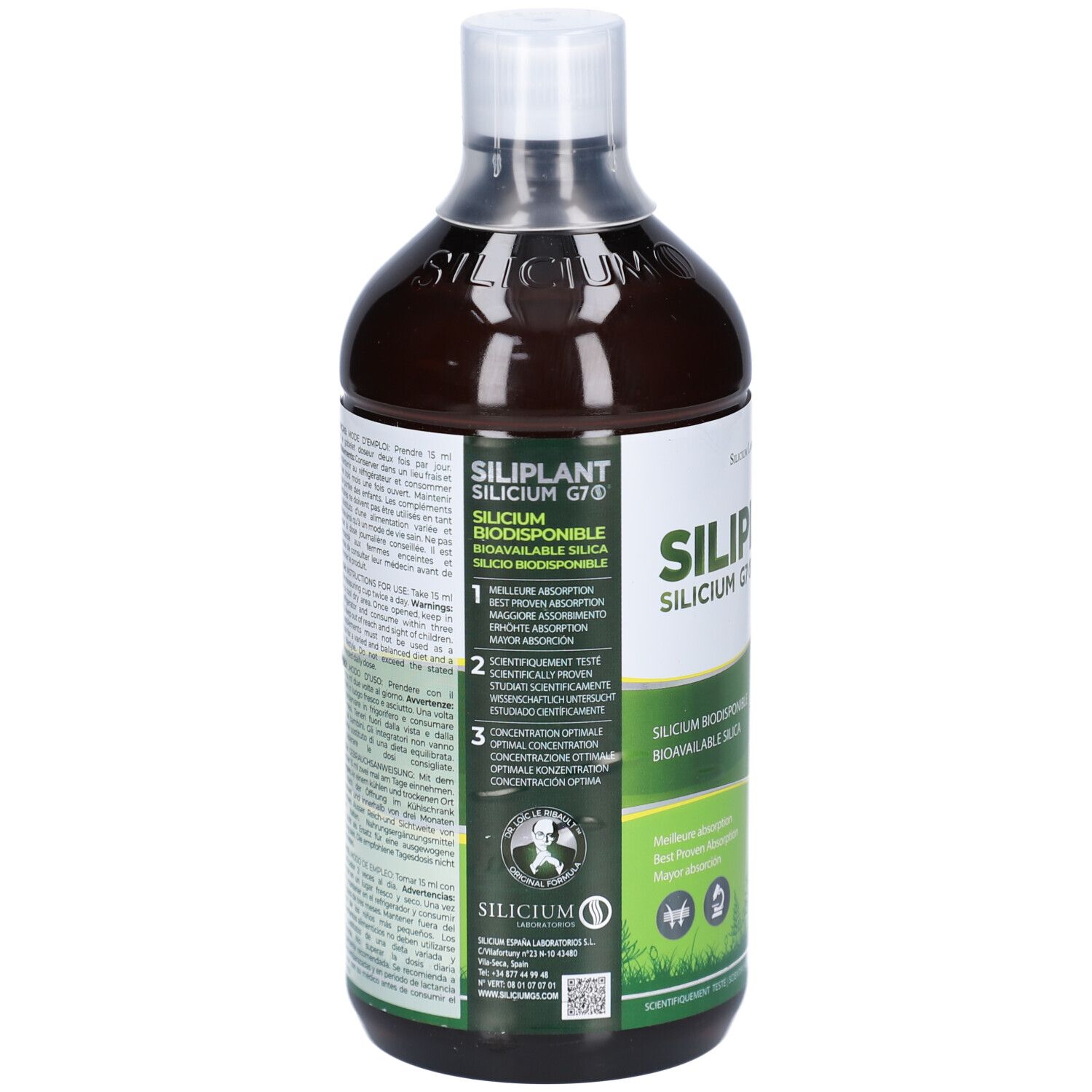 Dos de la bouteille. Texte multilingue. Étiquette verte et blanche avec informations et logo. Code QR.