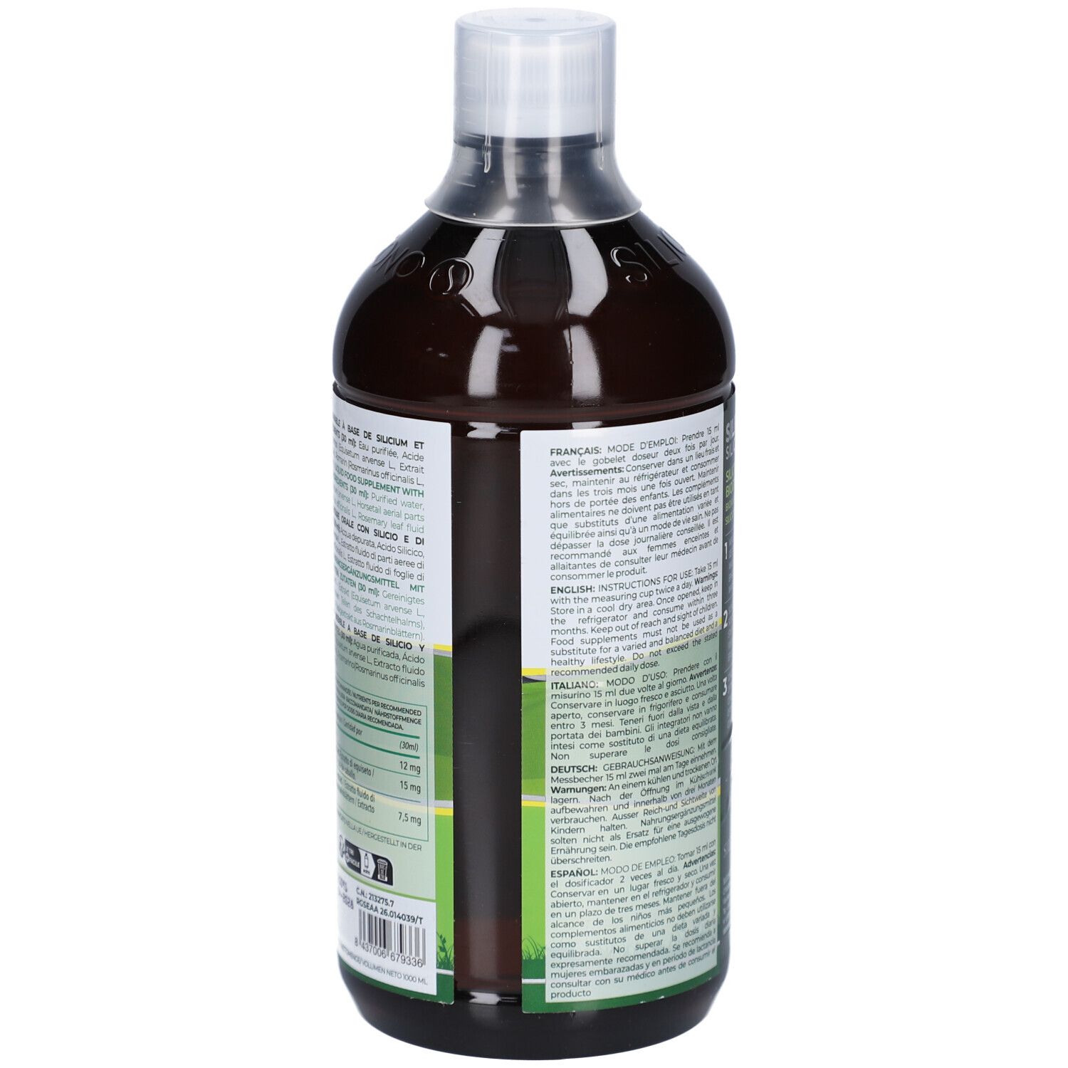 Dos de la bouteille. Texte multilingue. Étiquette verte et blanche avec informations. Code QR.