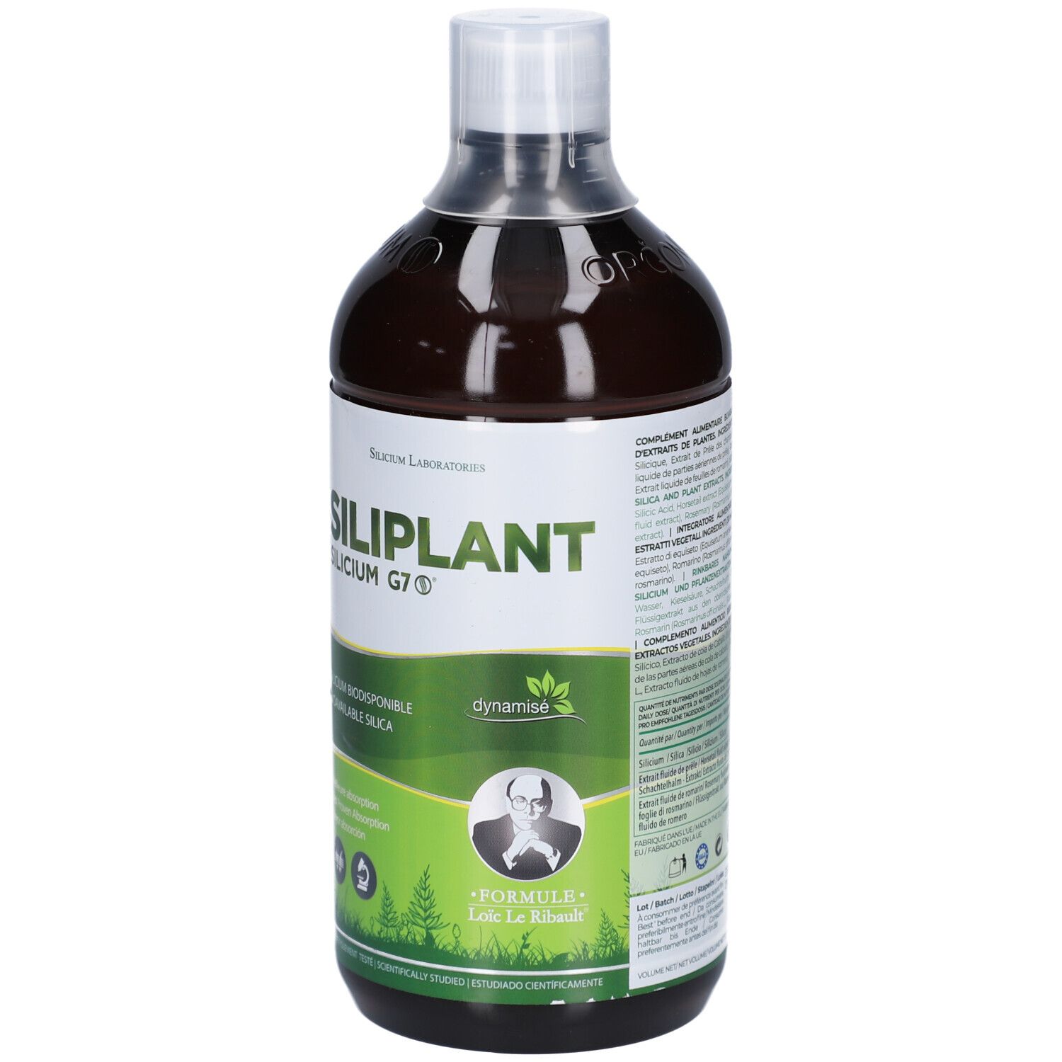 Bouteille marron avec bouchon blanc. Inscription SILIPLANT, SILICIUM G7. Étiquettes vertes et blanches avec informations et logo.