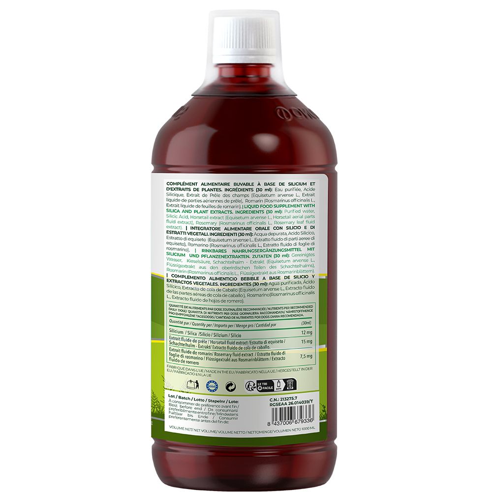 Dos de la bouteille. Texte multilingue. Liste des ingrédients. Informations fabricant. Code QR. Étiquette verte.