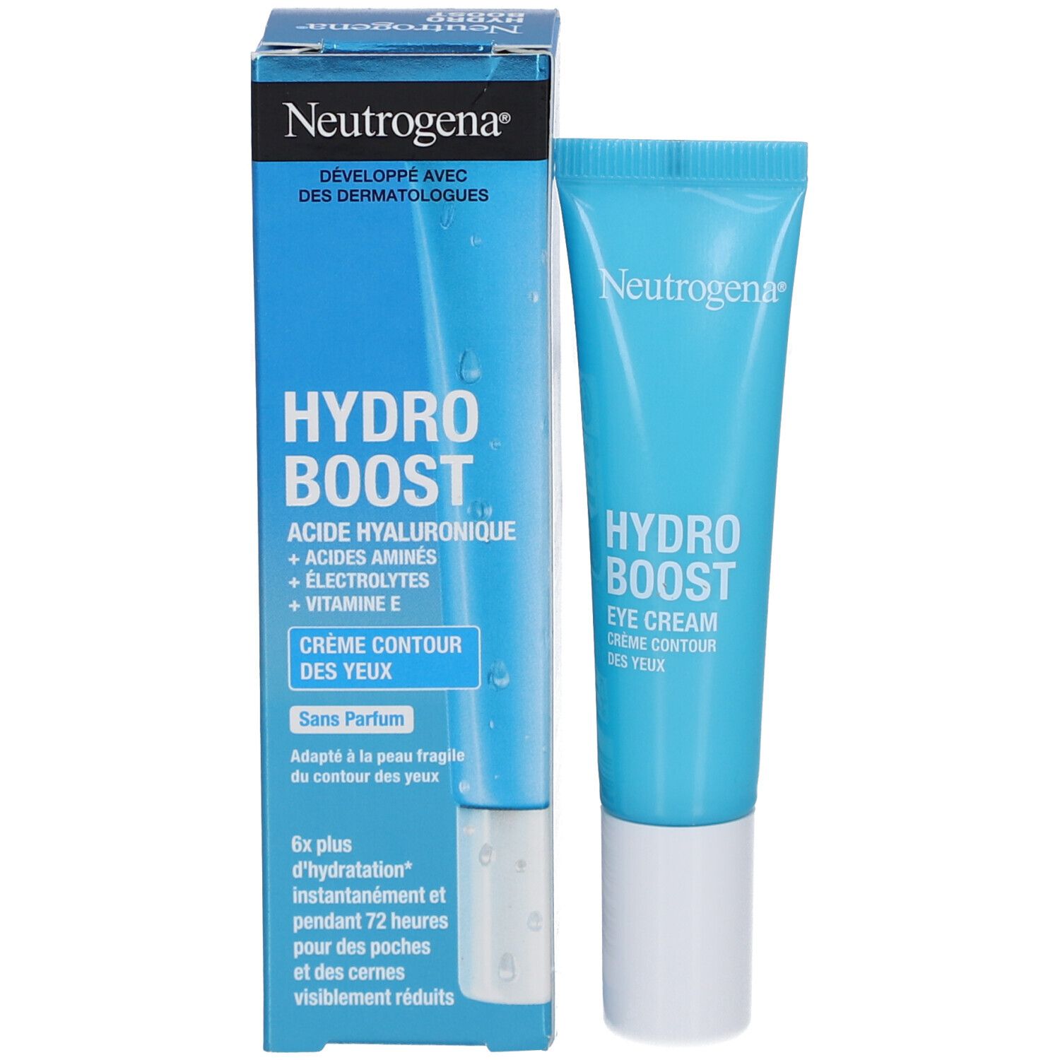 Neutrogena Hydro Boost crème contour des yeux et emballage. Tube et boîte bleus. Texte: Eye Cream, Crème Contour des Yeux.